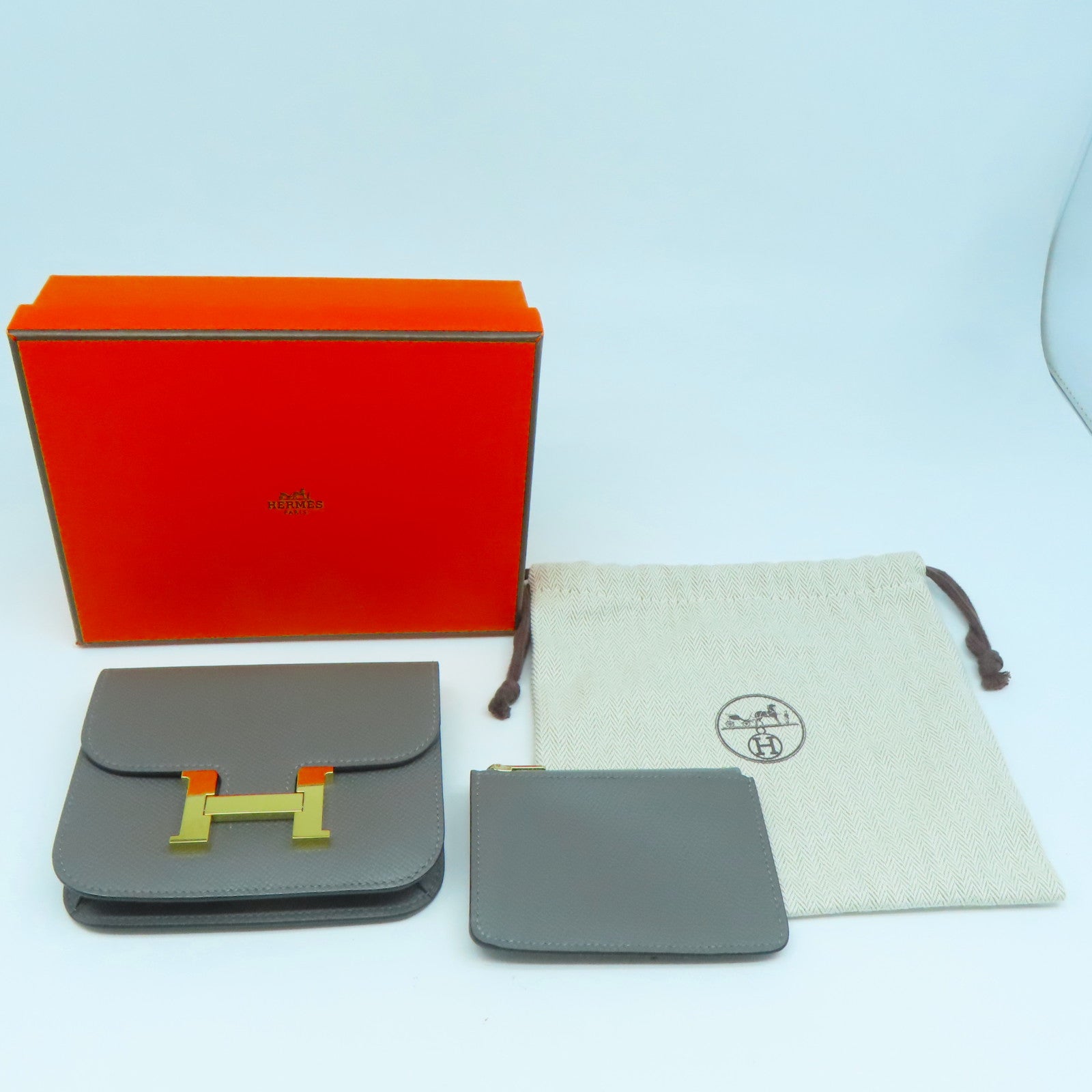HERMES Epsom皮革Constance Slim金扣錢包積雨雲灰