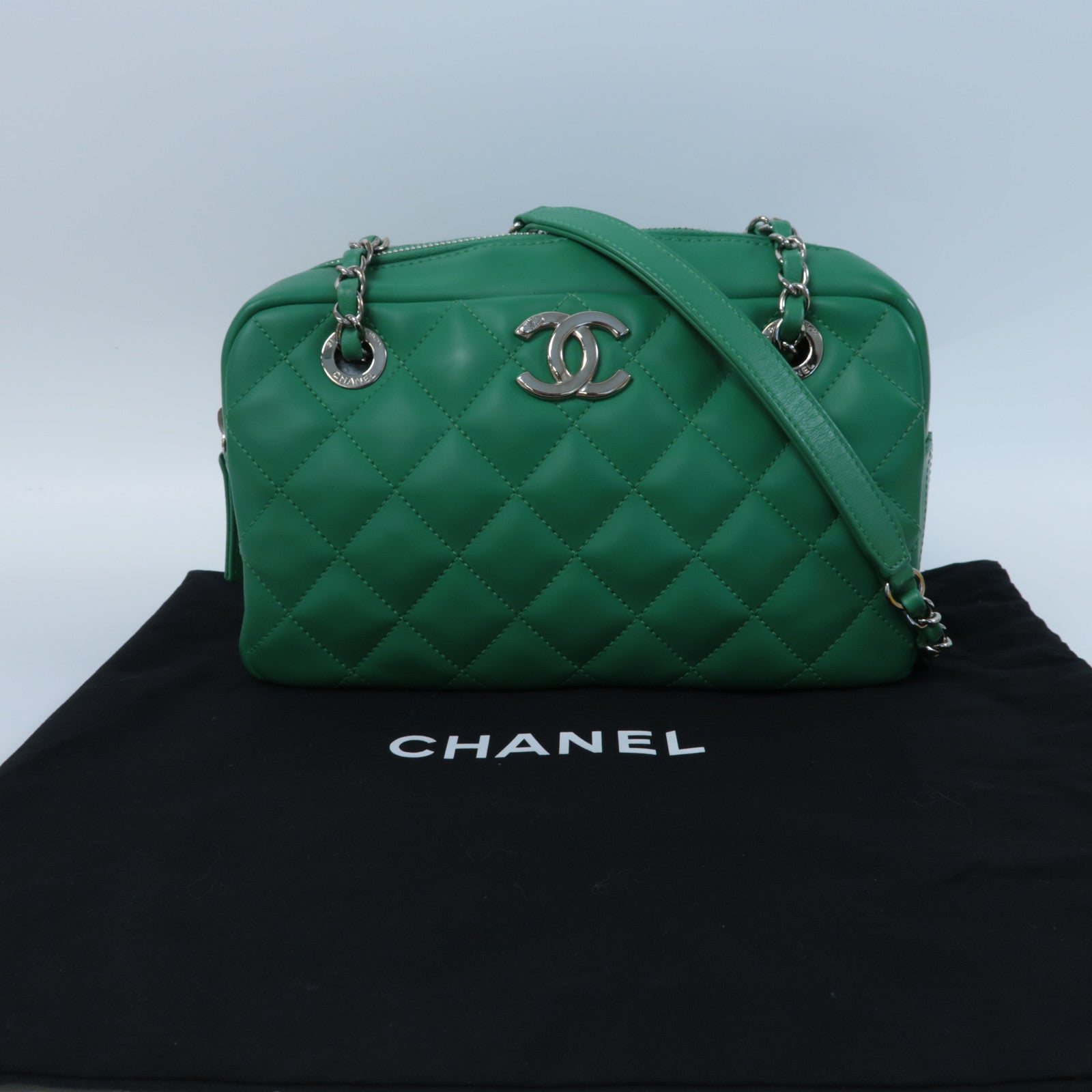 CHANEL 菱格PU皮革Chain Shoulder銀扣鏈帶肩背袋綠色