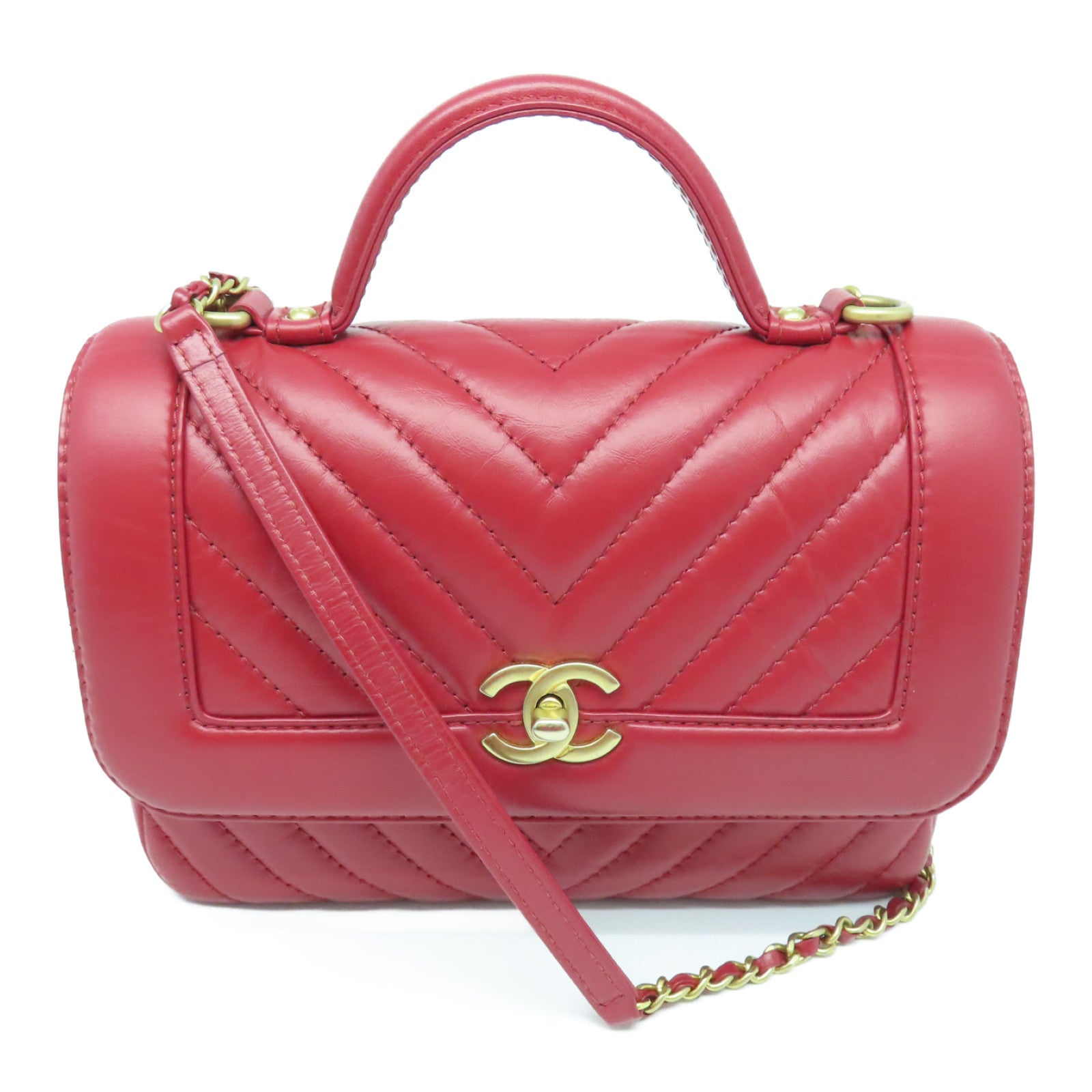 CHANEL 斜纹牛皮皮革Chain Shoulder Bag金扣链带肩背袋红色