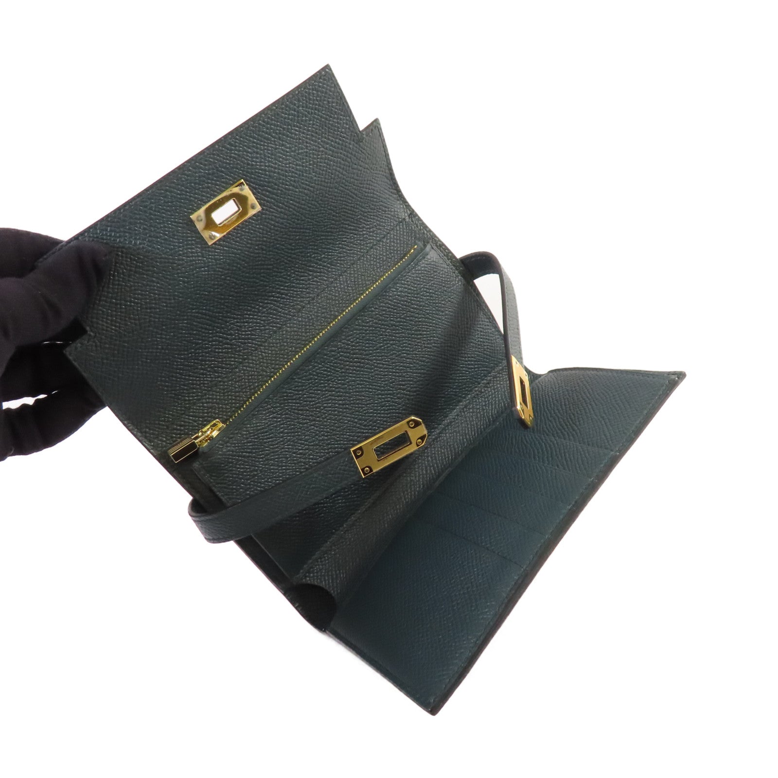 HERMES Epsom皮革Kelly Wallet金扣錢包Vert Jade松柏綠