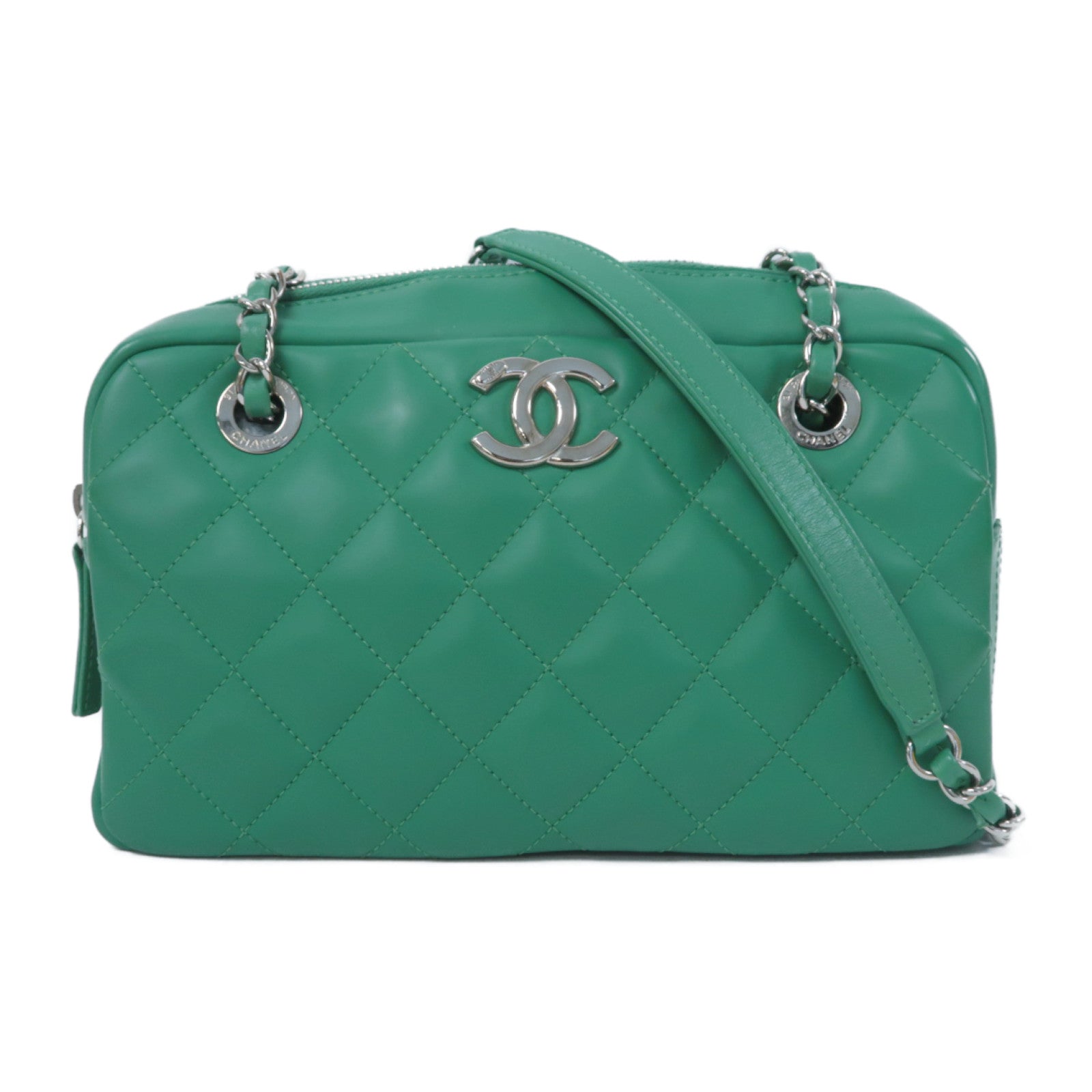CHANEL 菱格PU皮革Chain Shoulder銀扣鏈帶肩背袋綠色