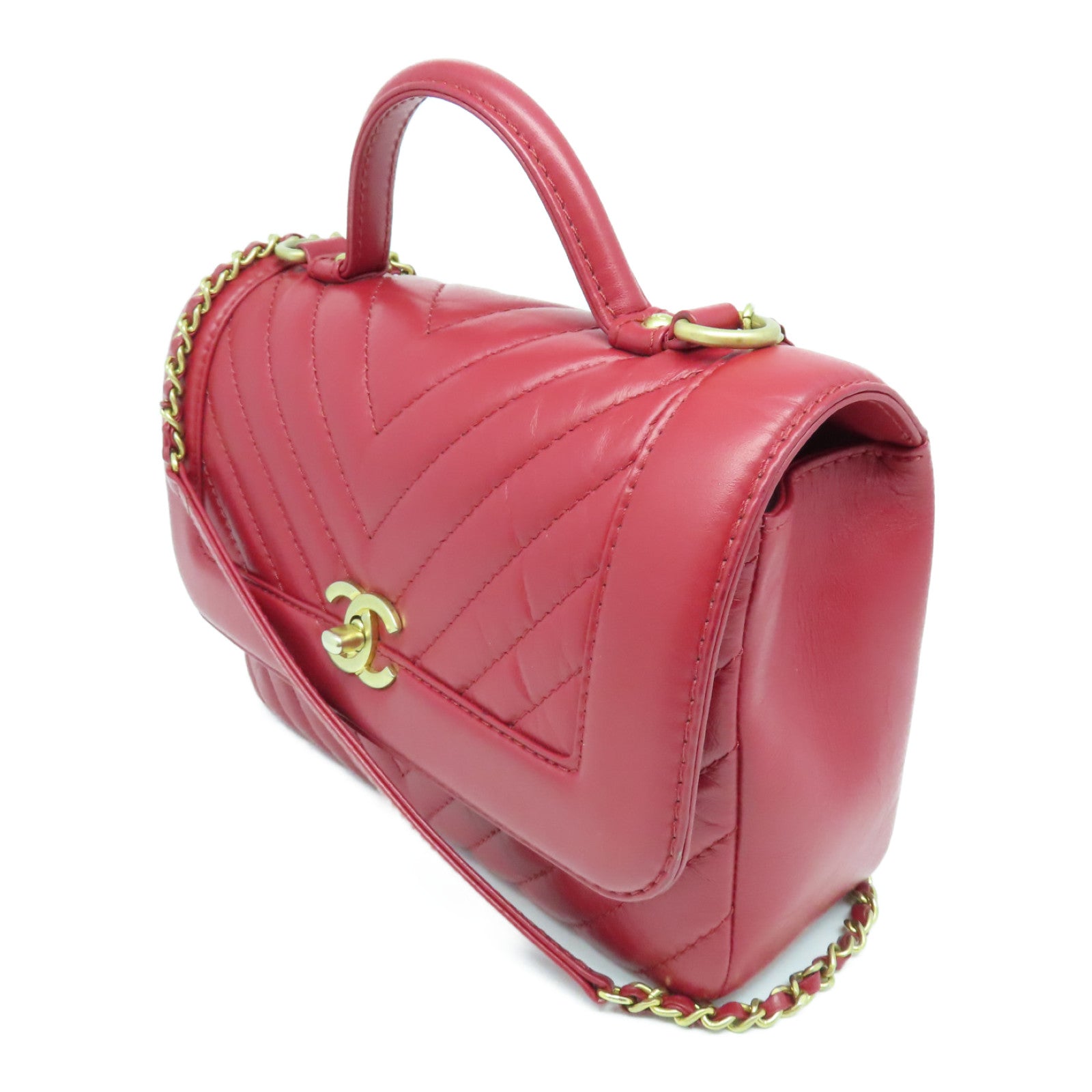 CHANEL 斜纹牛皮皮革Chain Shoulder Bag金扣链带肩背袋红色