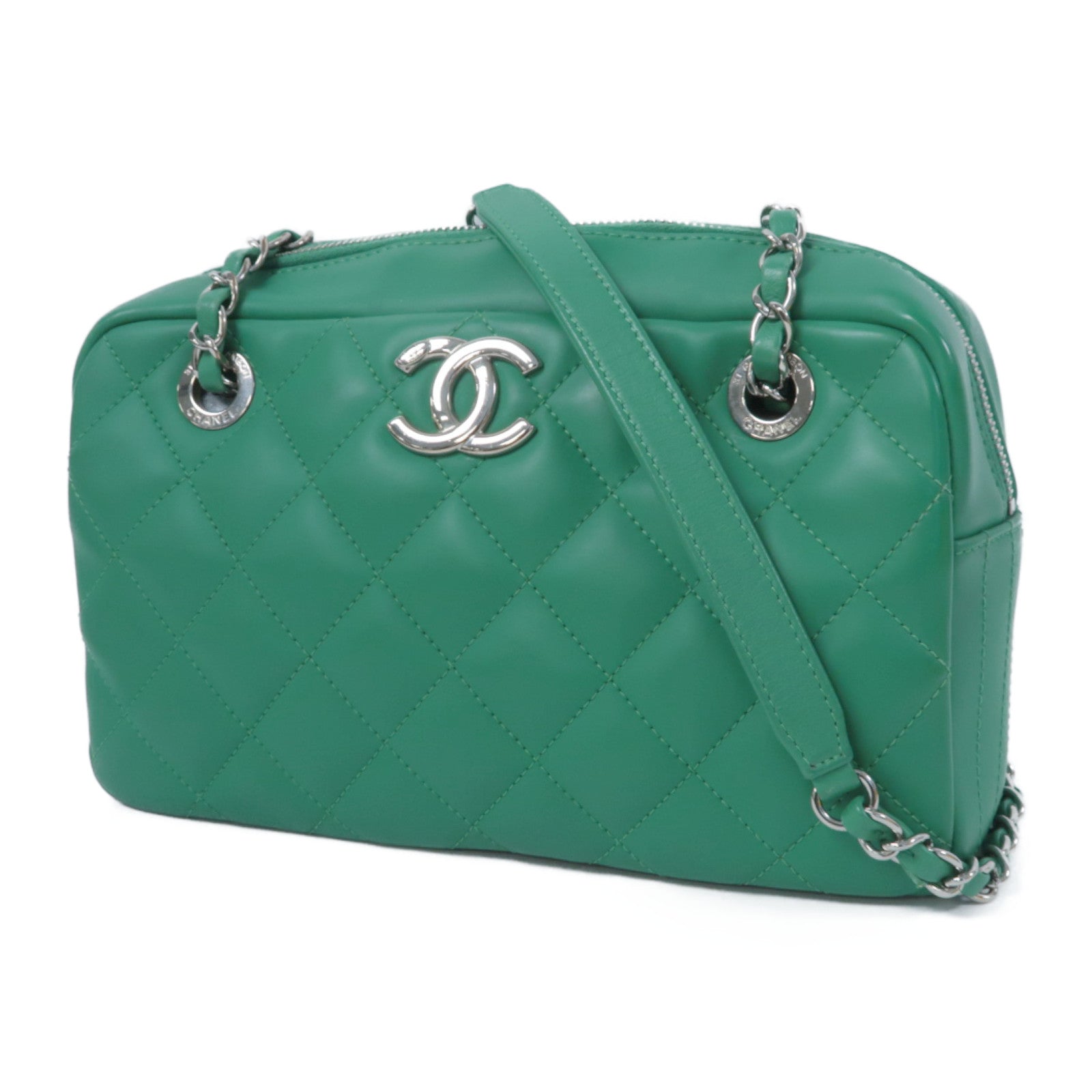 CHANEL 菱格PU皮革Chain Shoulder銀扣鏈帶肩背袋綠色