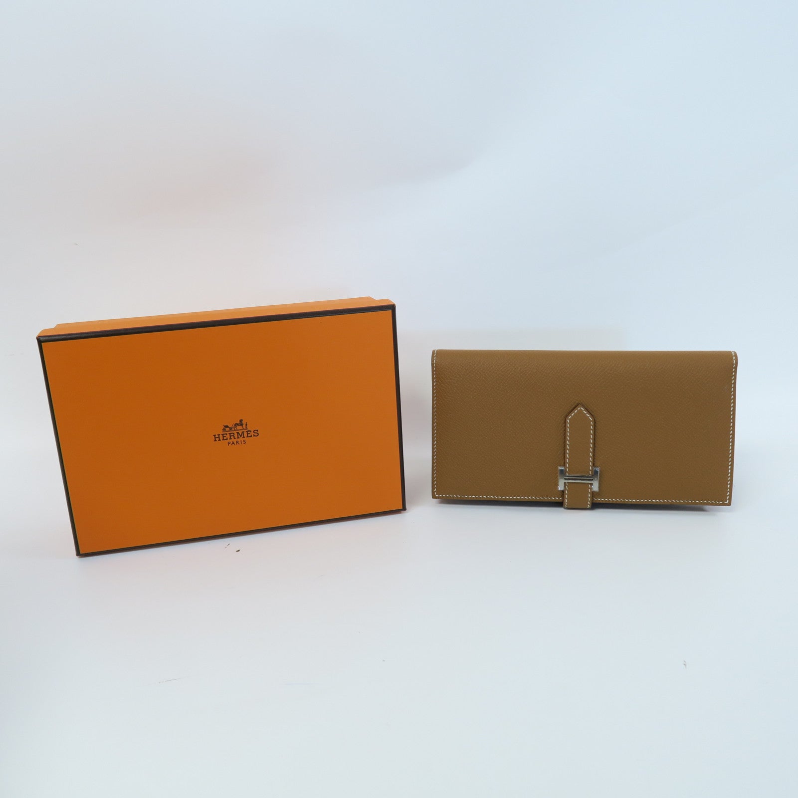 HERMES Epsom皮革Bearn銀扣長錢包經典駝色