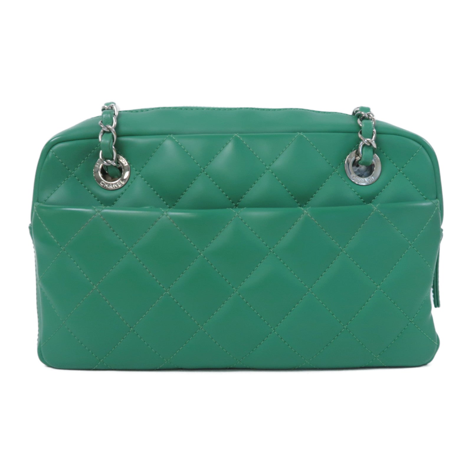 CHANEL 菱格PU皮革Chain Shoulder銀扣鏈帶肩背袋綠色
