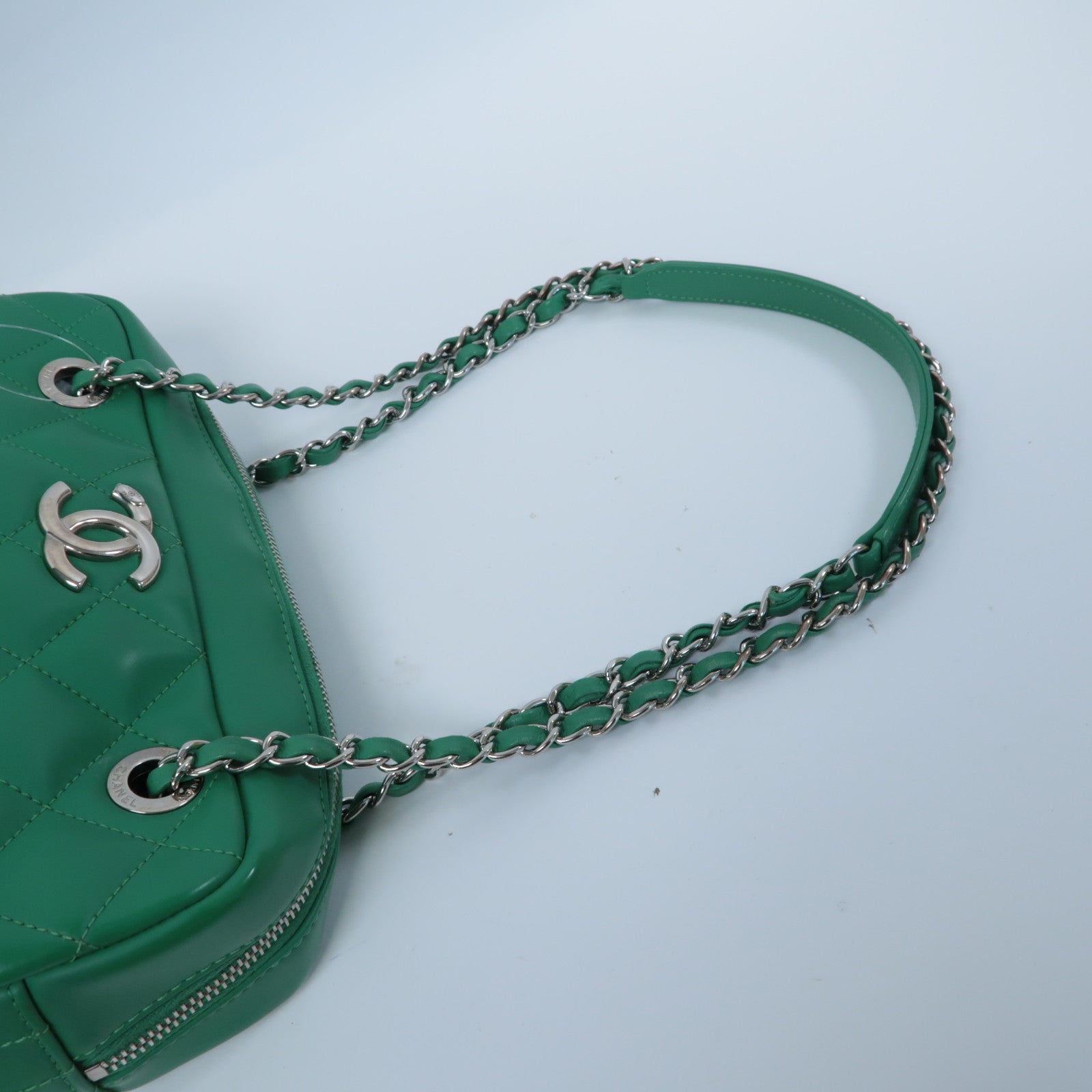 CHANEL 菱格PU皮革Chain Shoulder銀扣鏈帶肩背袋綠色