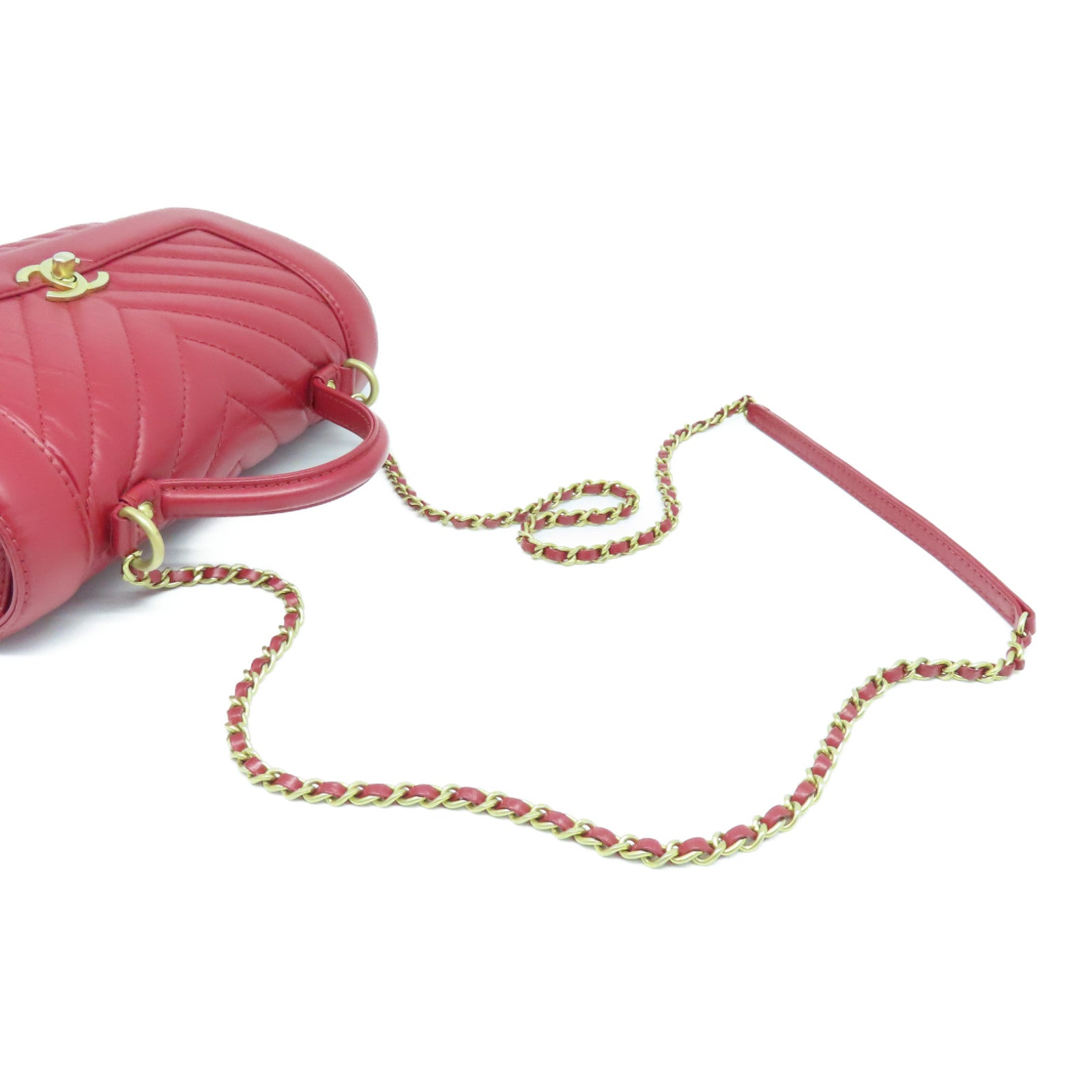 CHANEL 斜纹牛皮皮革Chain Shoulder Bag金扣链带肩背袋红色