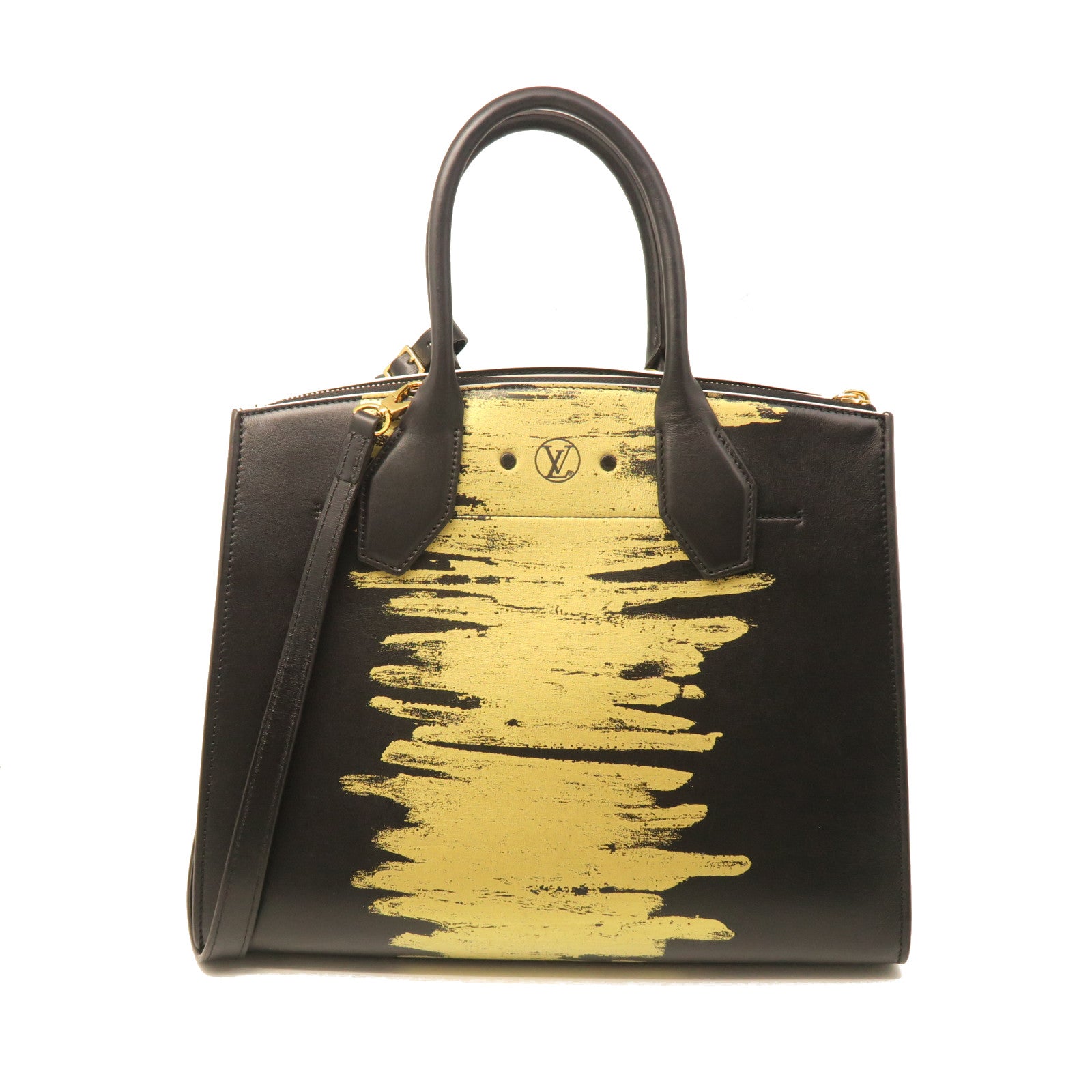 LOUIS VUITTON Cowhide Leather Steamer MM Handle Shoulder Bag Black/Gold