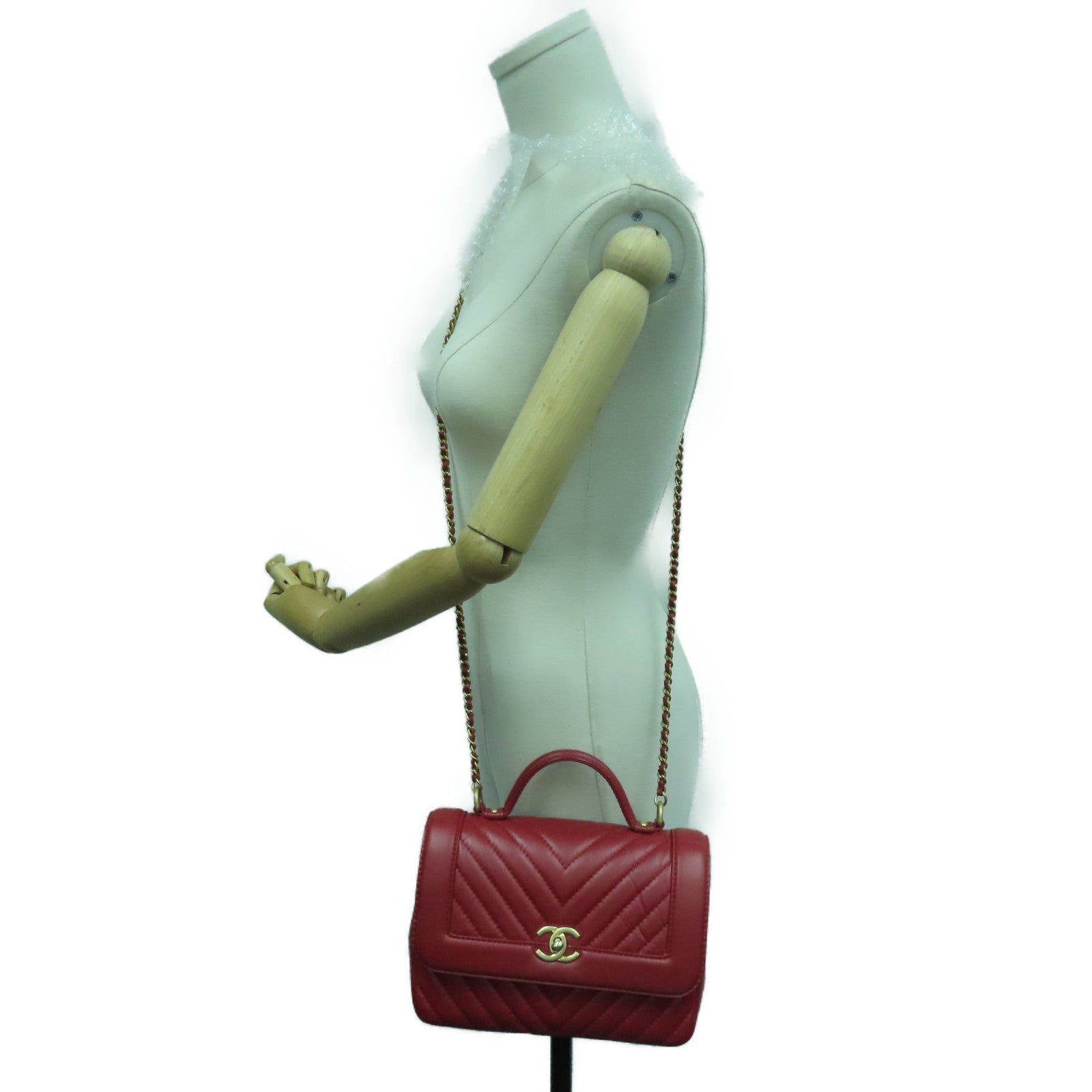 CHANEL 斜纹牛皮皮革Chain Shoulder Bag金扣链带肩背袋红色