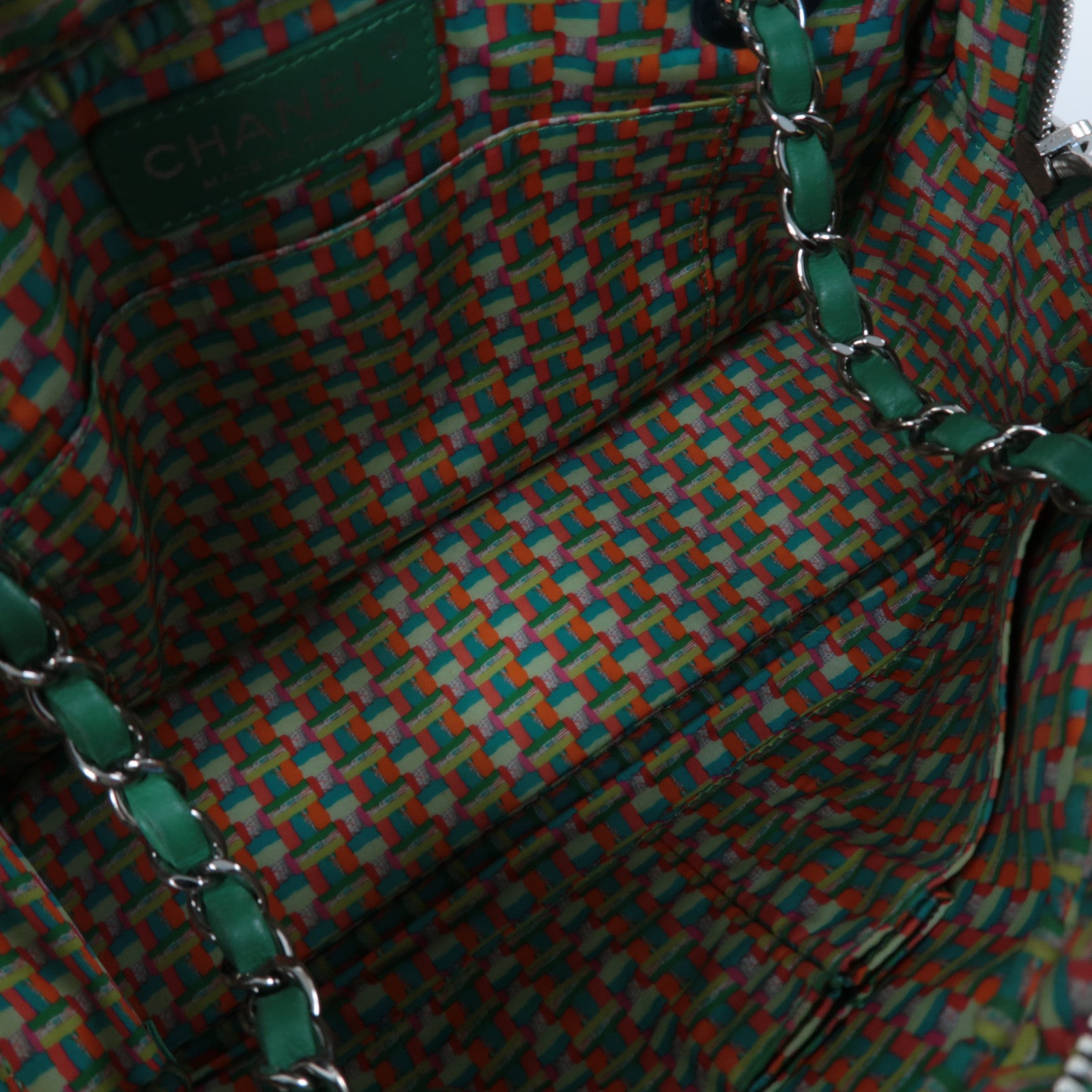 CHANEL 菱格PU皮革Chain Shoulder銀扣鏈帶肩背袋綠色
