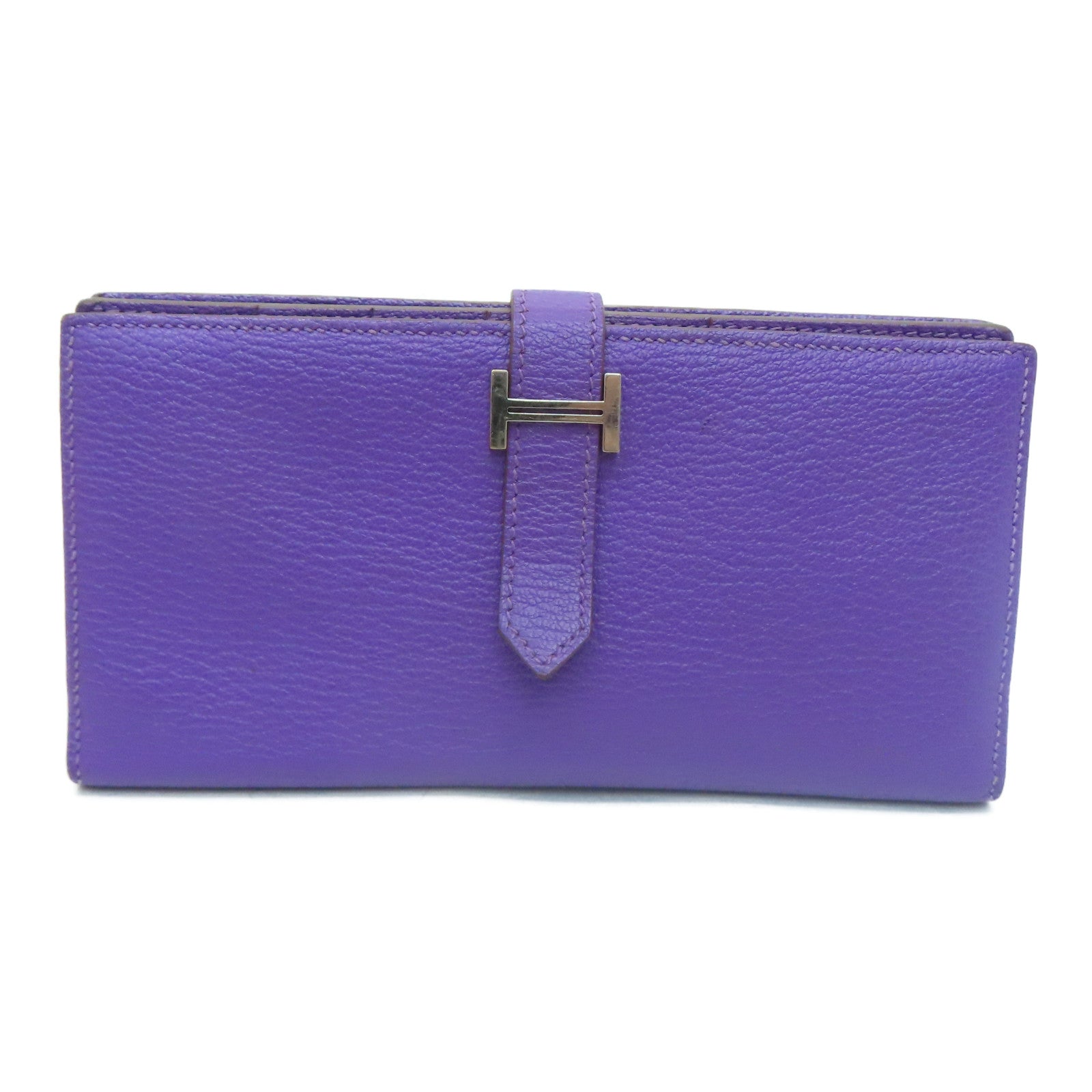 HERMES [Sharp Discount] Chevre Leather Bearn W Snap Silver Buckle Long Wallet Ultraviolet/Purple