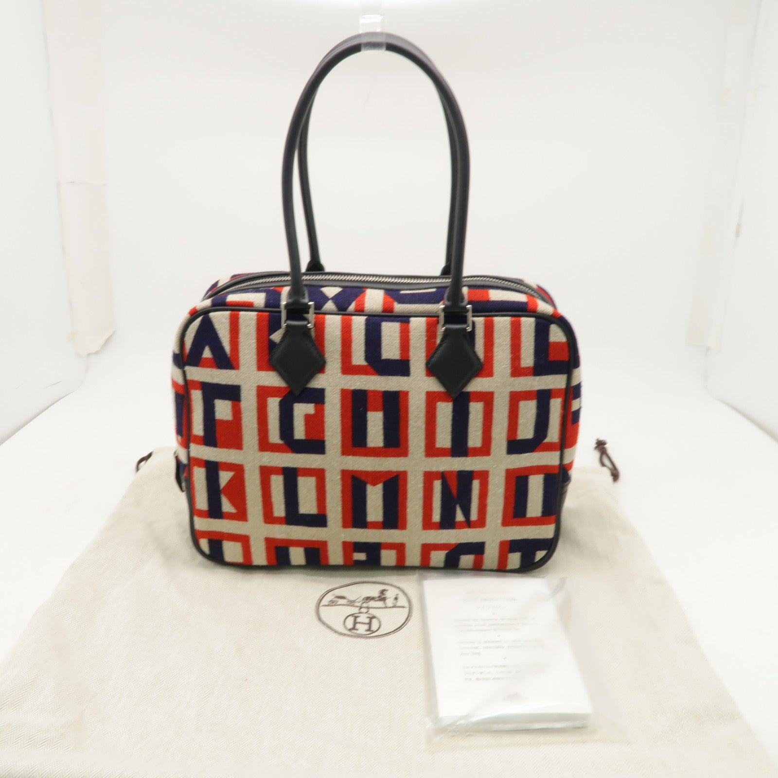 HERMES 帆布Plume 28銀扣肩背袋米色/藍色紅色