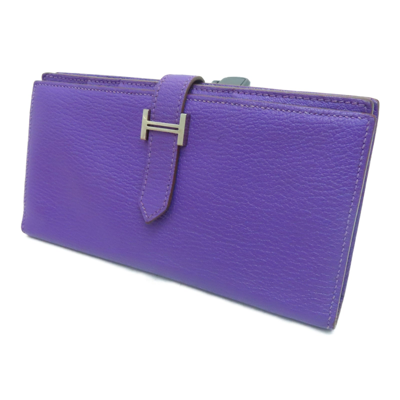 HERMES [Sharp Discount] Chevre Leather Bearn W Snap Silver Buckle Long Wallet Ultraviolet/Purple