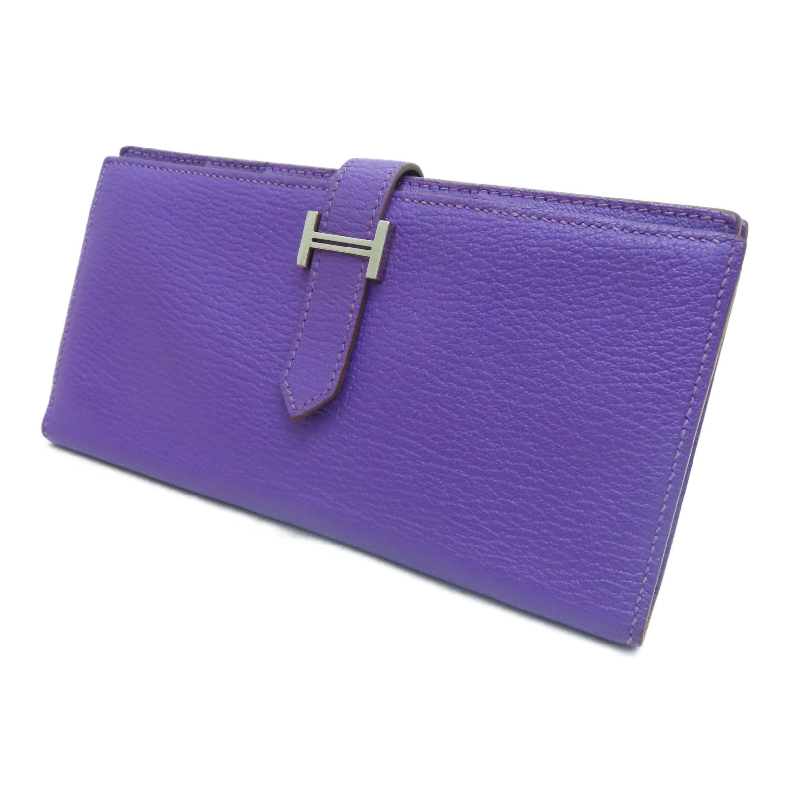 HERMES [Sharp Discount] Chevre Leather Bearn W Snap Silver Buckle Long Wallet Ultraviolet/Purple