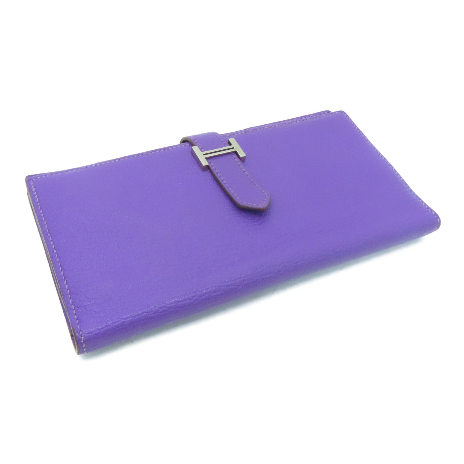 HERMES [Sharp Discount] Chevre Leather Bearn W Snap Silver Buckle Long Wallet Ultraviolet/Purple