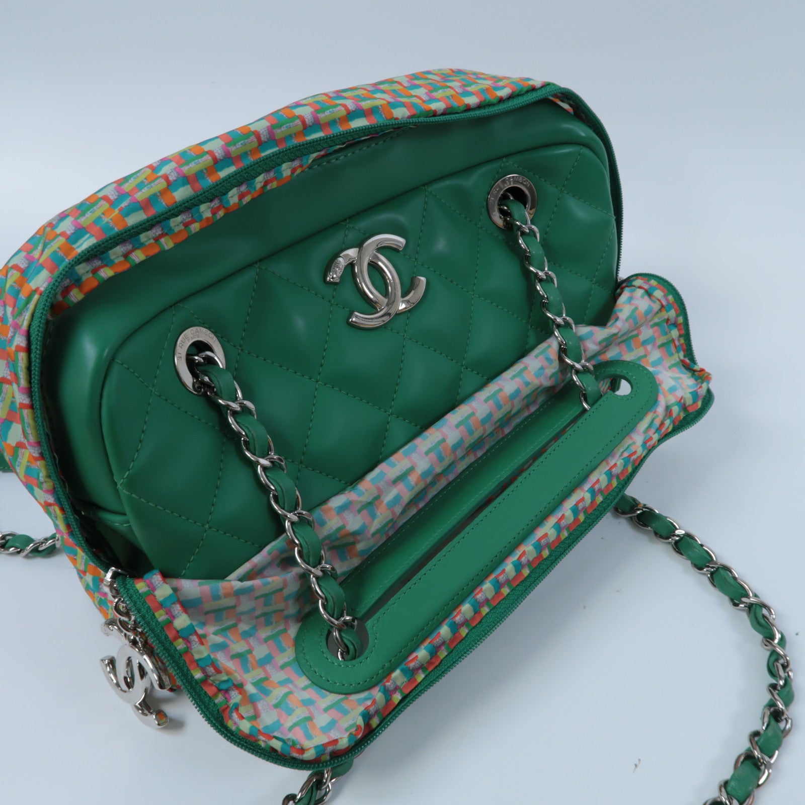 CHANEL 菱格PU皮革Chain Shoulder銀扣鏈帶肩背袋綠色