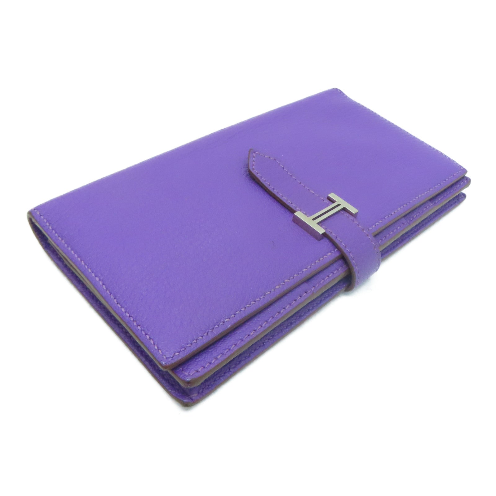 HERMES [Sharp Discount] Chevre Leather Bearn W Snap Silver Buckle Long Wallet Ultraviolet/Purple