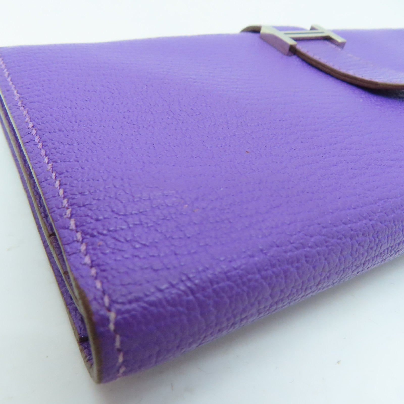 HERMES [Sharp Discount] Chevre Leather Bearn W Snap Silver Buckle Long Wallet Ultraviolet/Purple