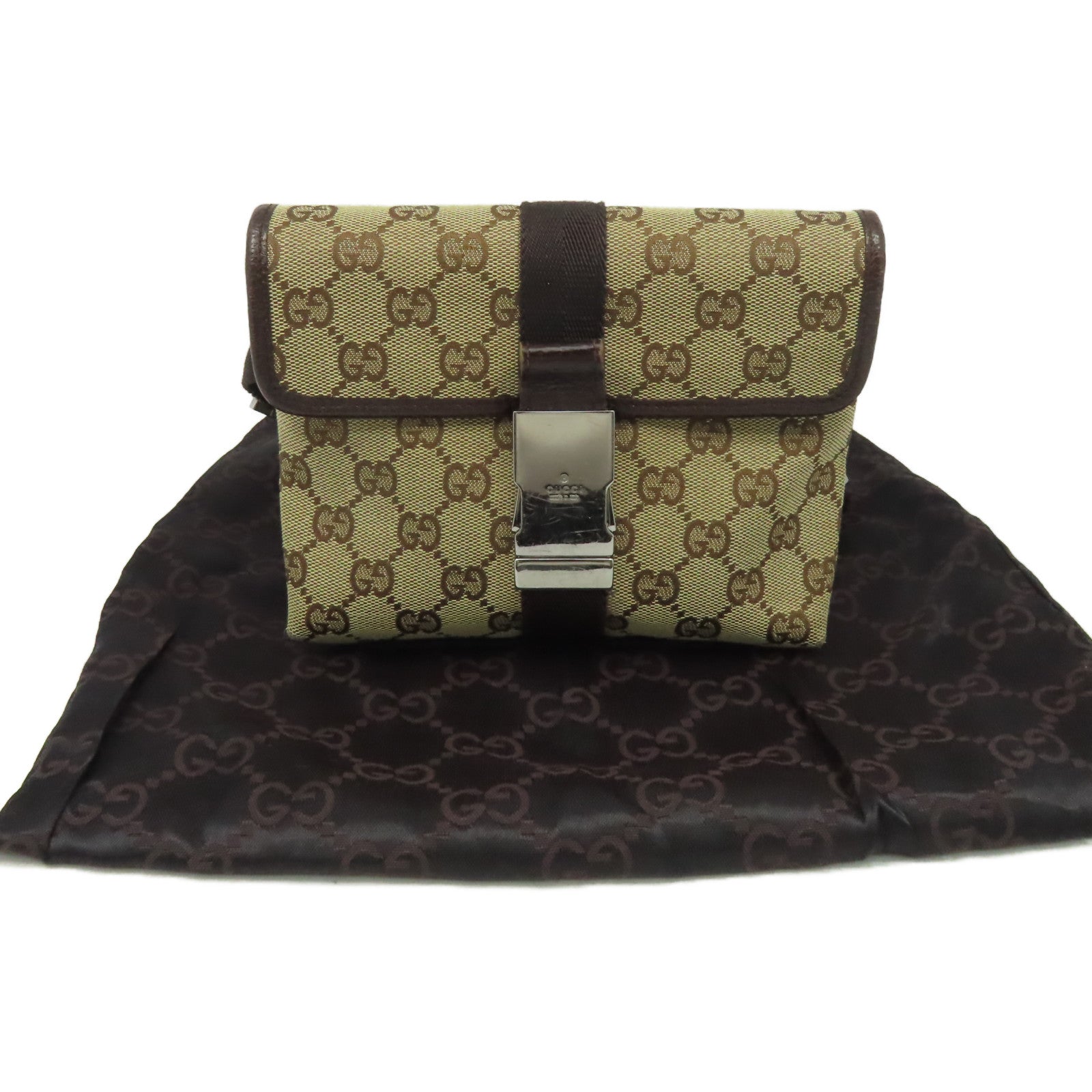 GUCCI GG帆布Waist Body Bag銀扣腰包啡色