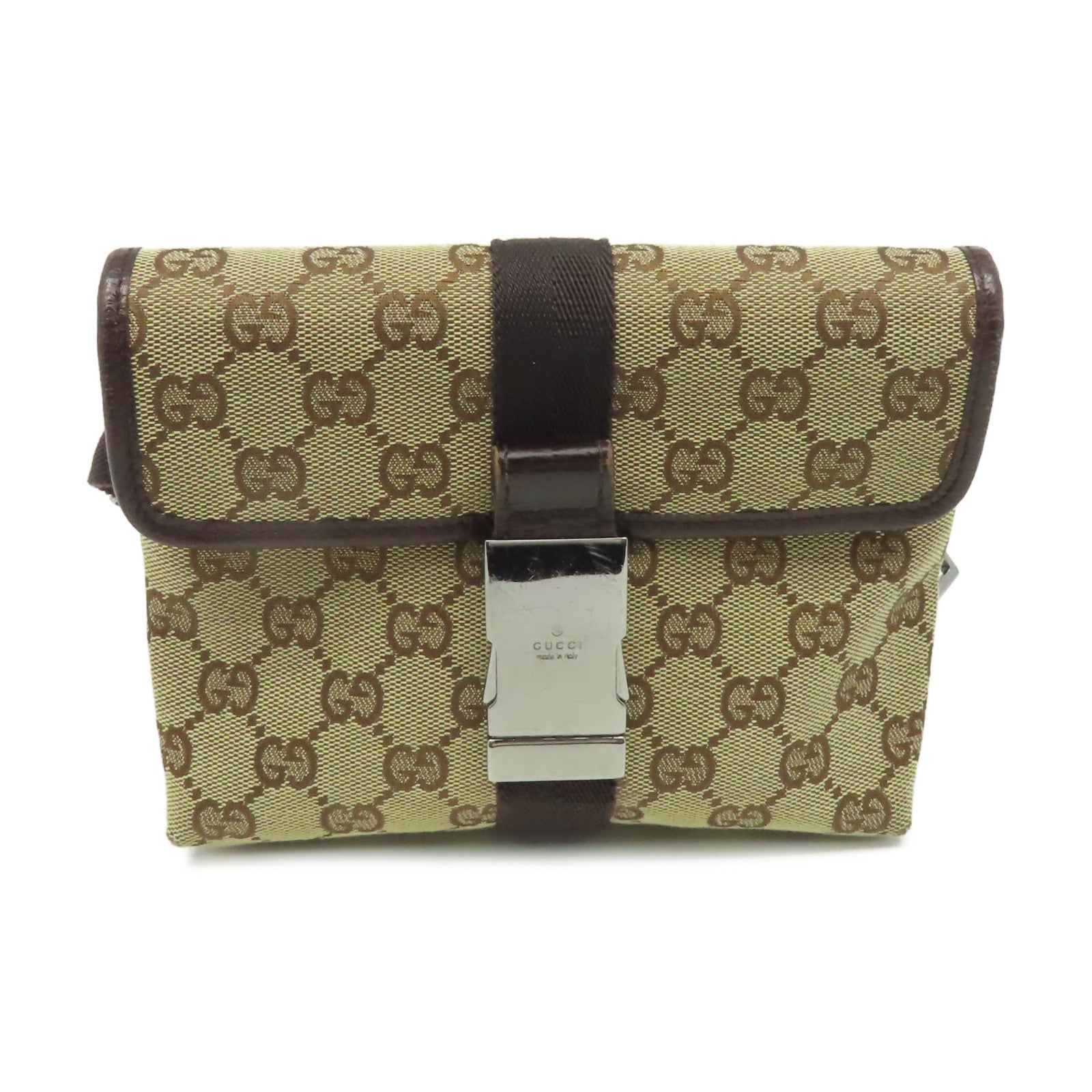 GUCCI GG帆布Waist Body Bag銀扣腰包啡色