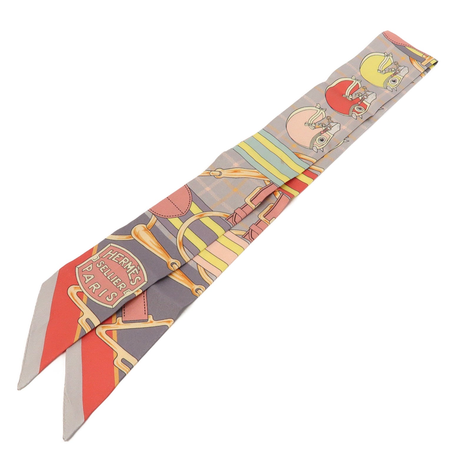 HERMES 絲質Twilly絲巾粉紅色/灰色