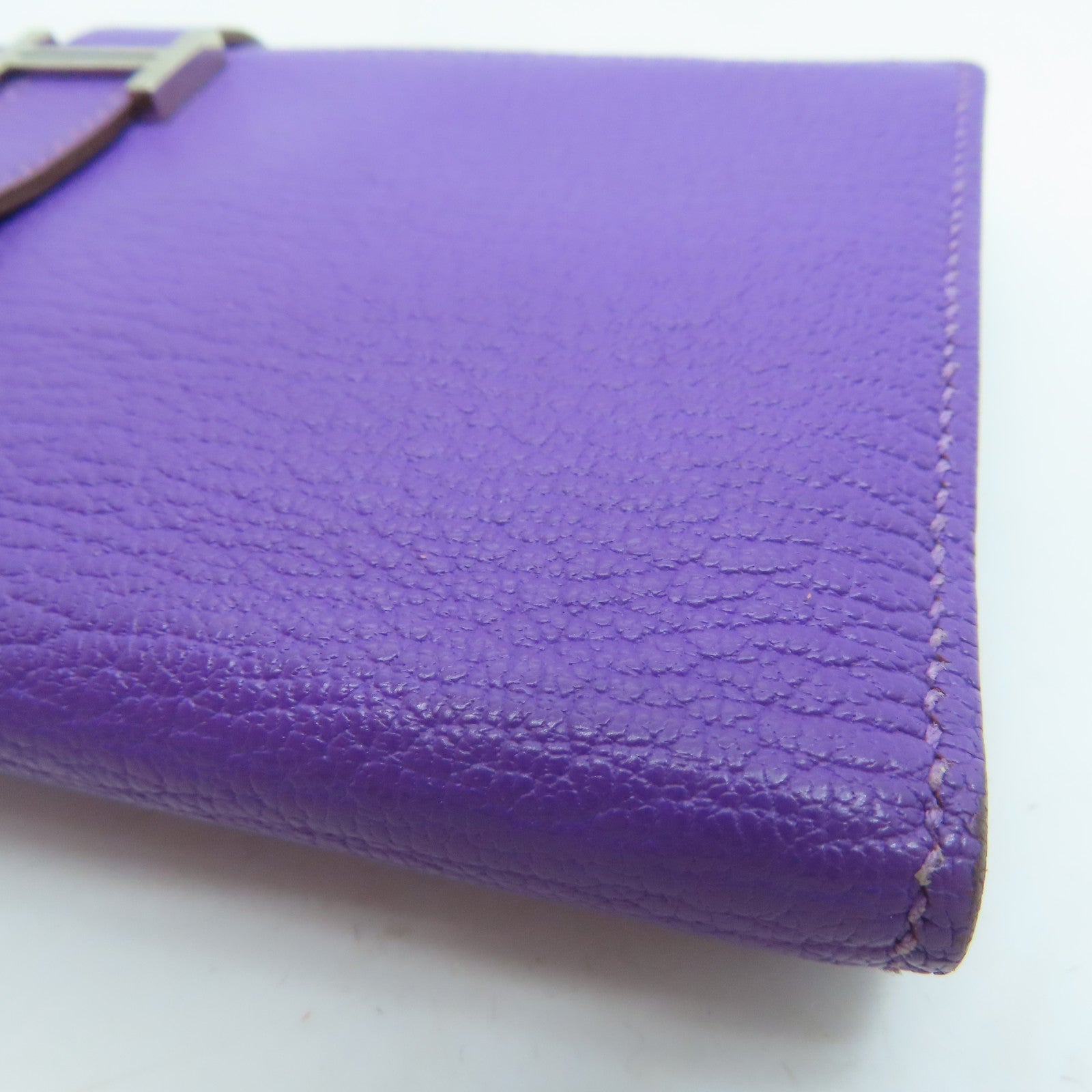 HERMES [Sharp Discount] Chevre Leather Bearn W Snap Silver Buckle Long Wallet Ultraviolet/Purple