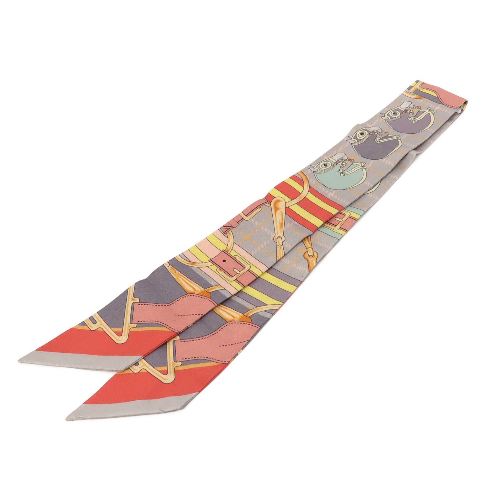 HERMES 絲質Twilly絲巾粉紅色/灰色