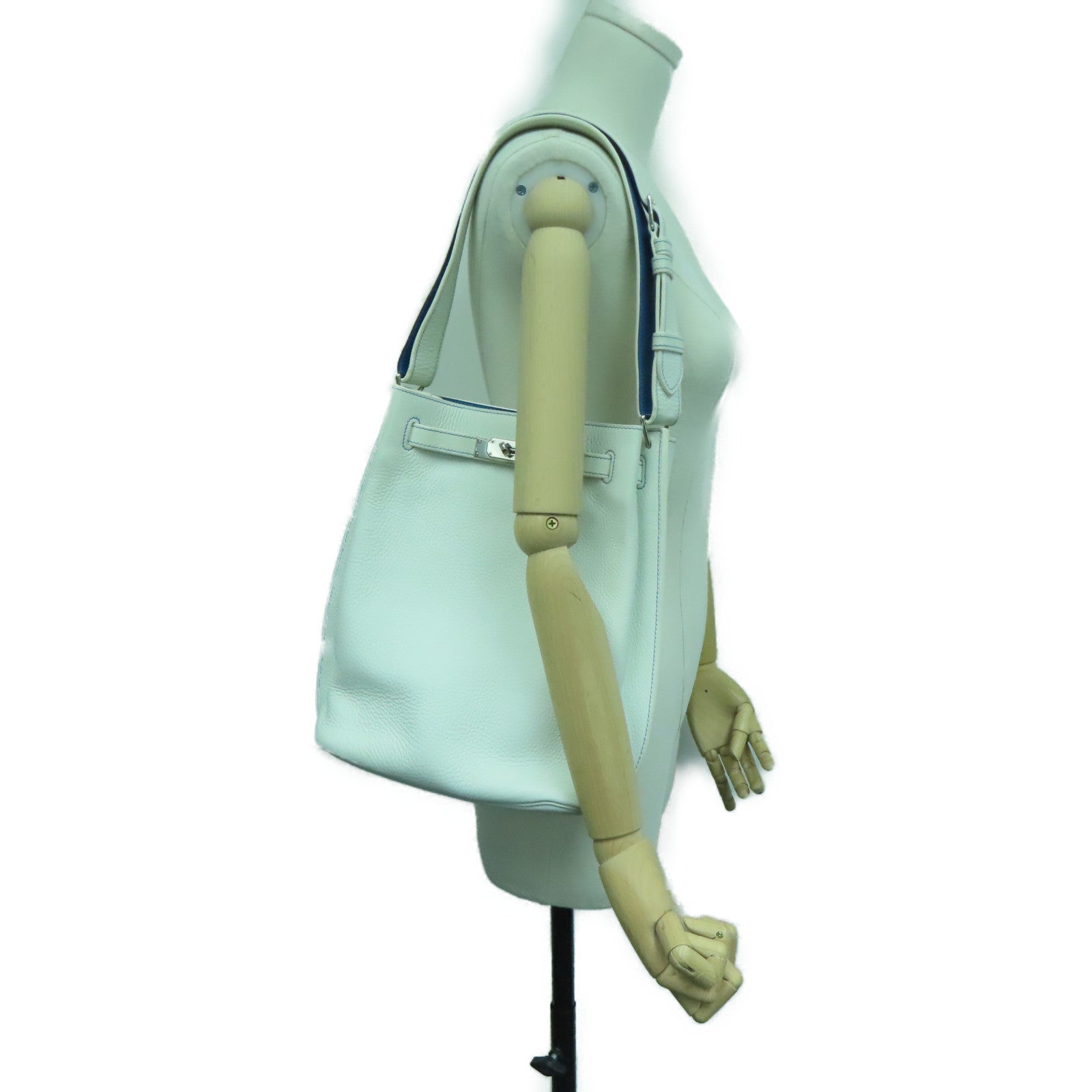 HERMES Clemence皮革So Kelly 22银扣肩背袋White/Bleu Mykonos白色/希腊蓝色