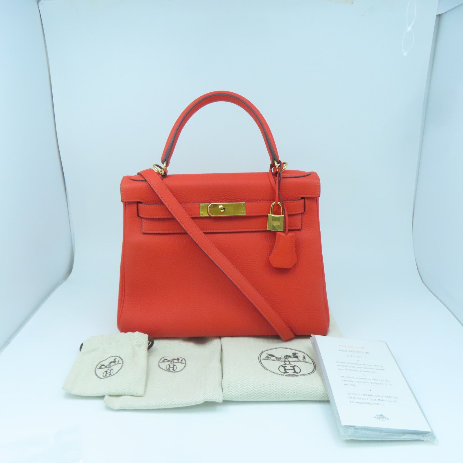 HERMES Togo皮革Kelly 28金扣手挽肩背兩用袋螢光橘