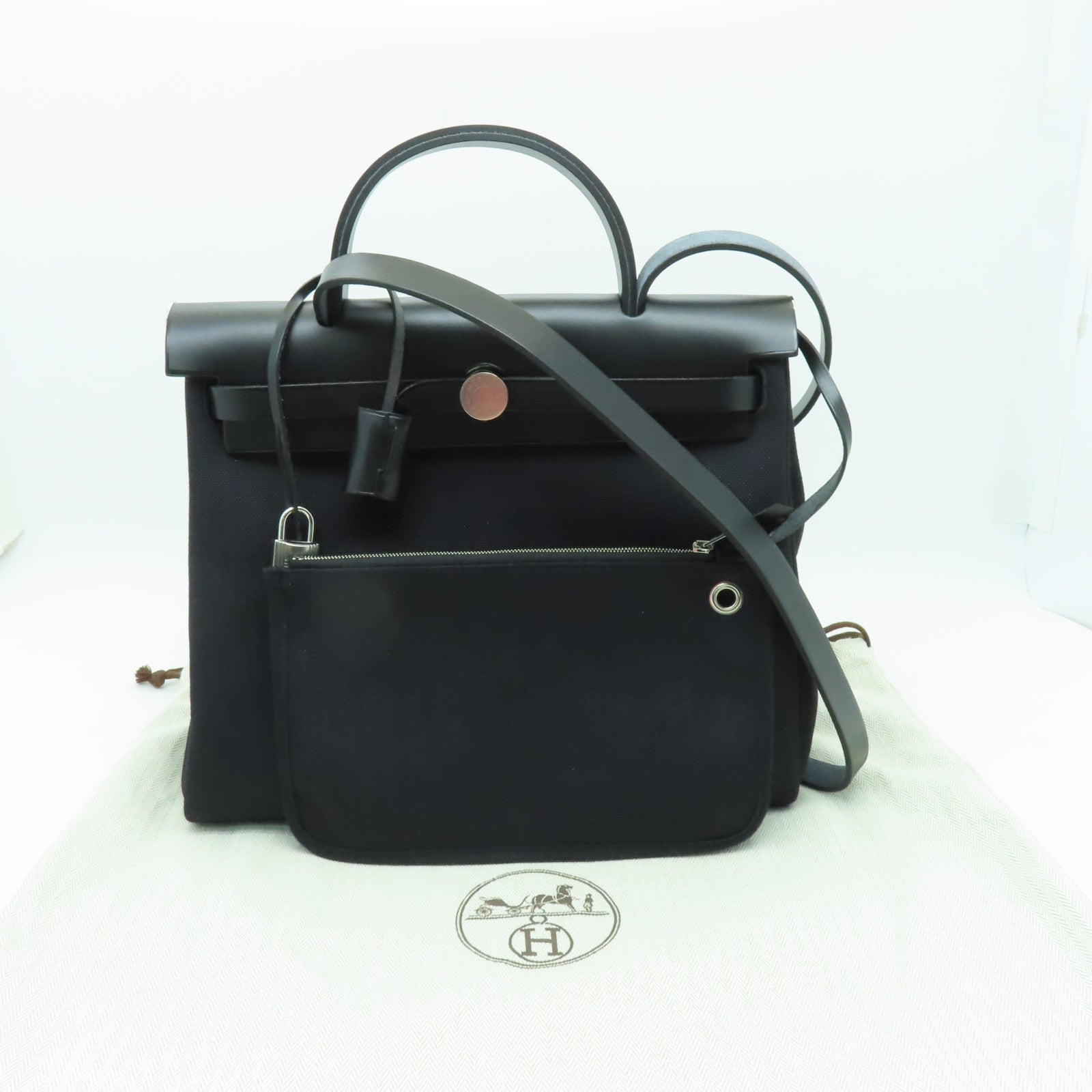 HERMES 帆布Herbag PM銀扣手挽肩背兩用袋黒色