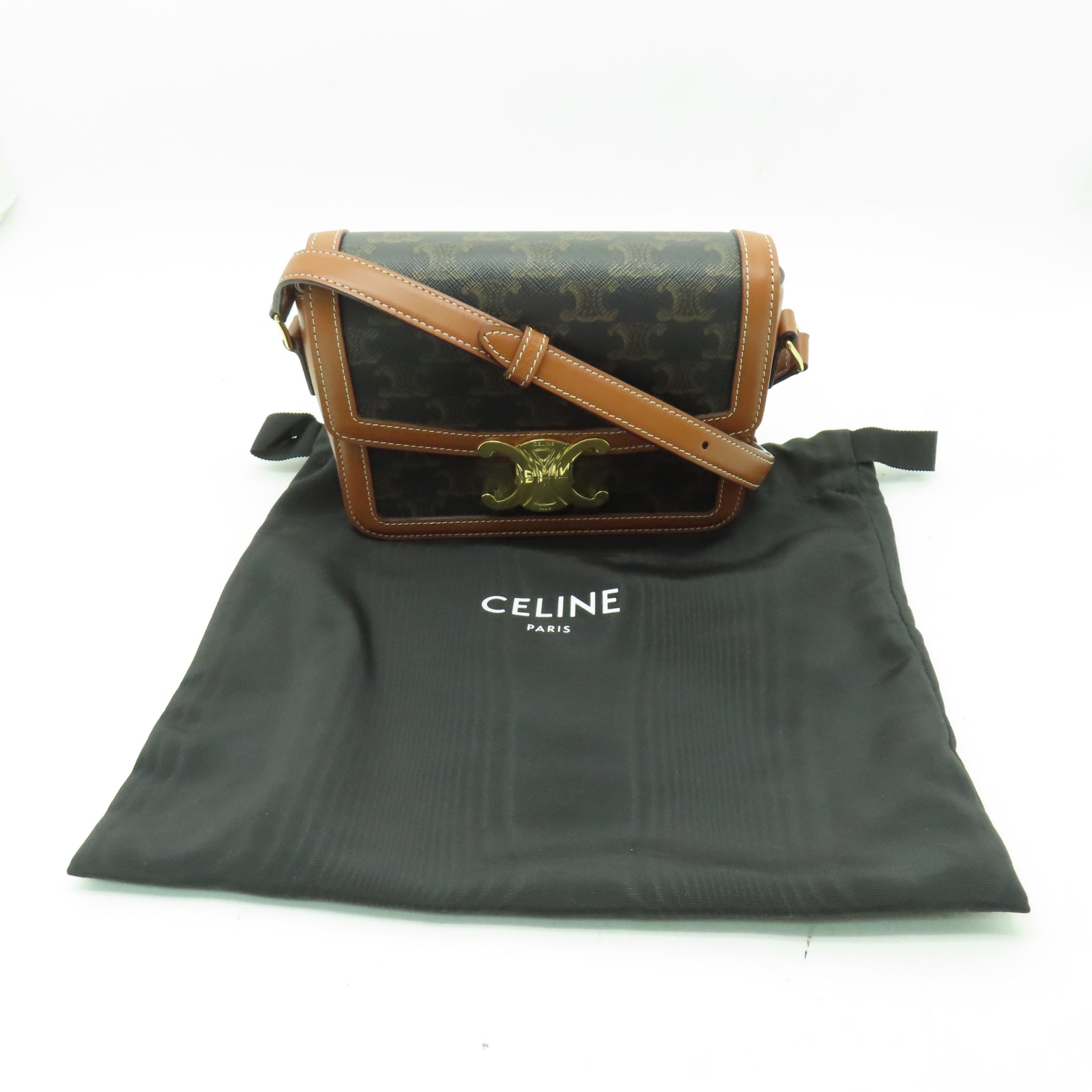 CELINE 牛皮皮革Teen Triomphe Bag金扣肩背袋啡色