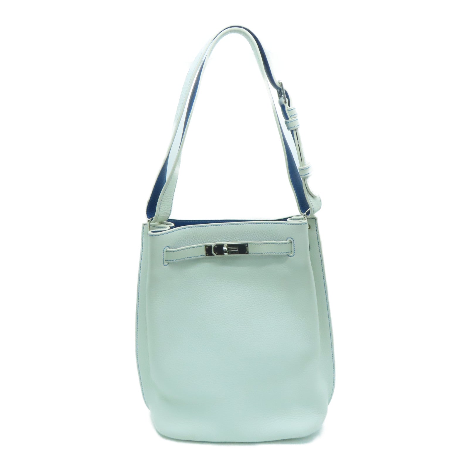 HERMES Clemence皮革So Kelly 22银扣肩背袋White/Bleu Mykonos白色/希腊蓝色