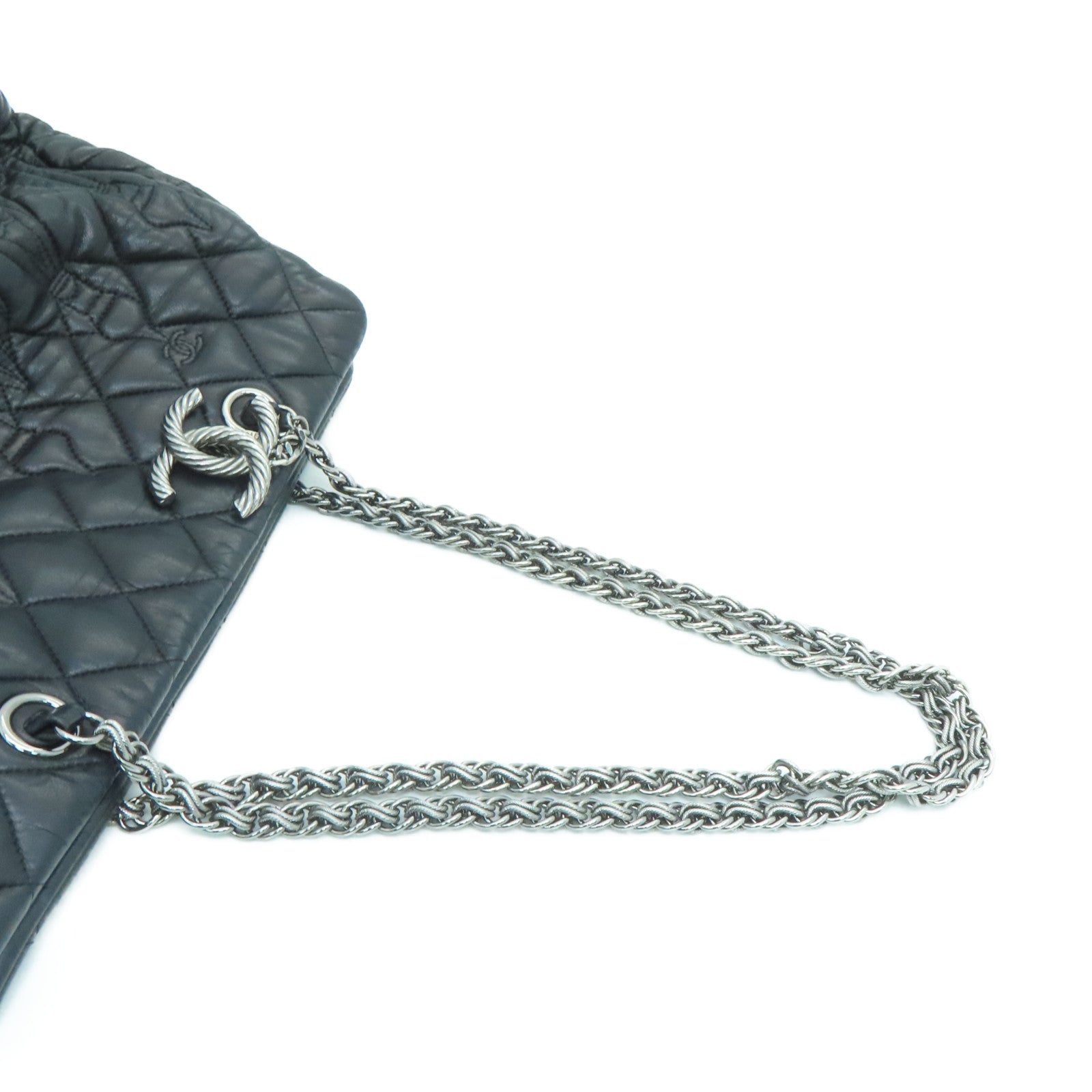 CHANEL rhombus sheepskin leather Shoulder Bag silver buckle chain shoulder bag black