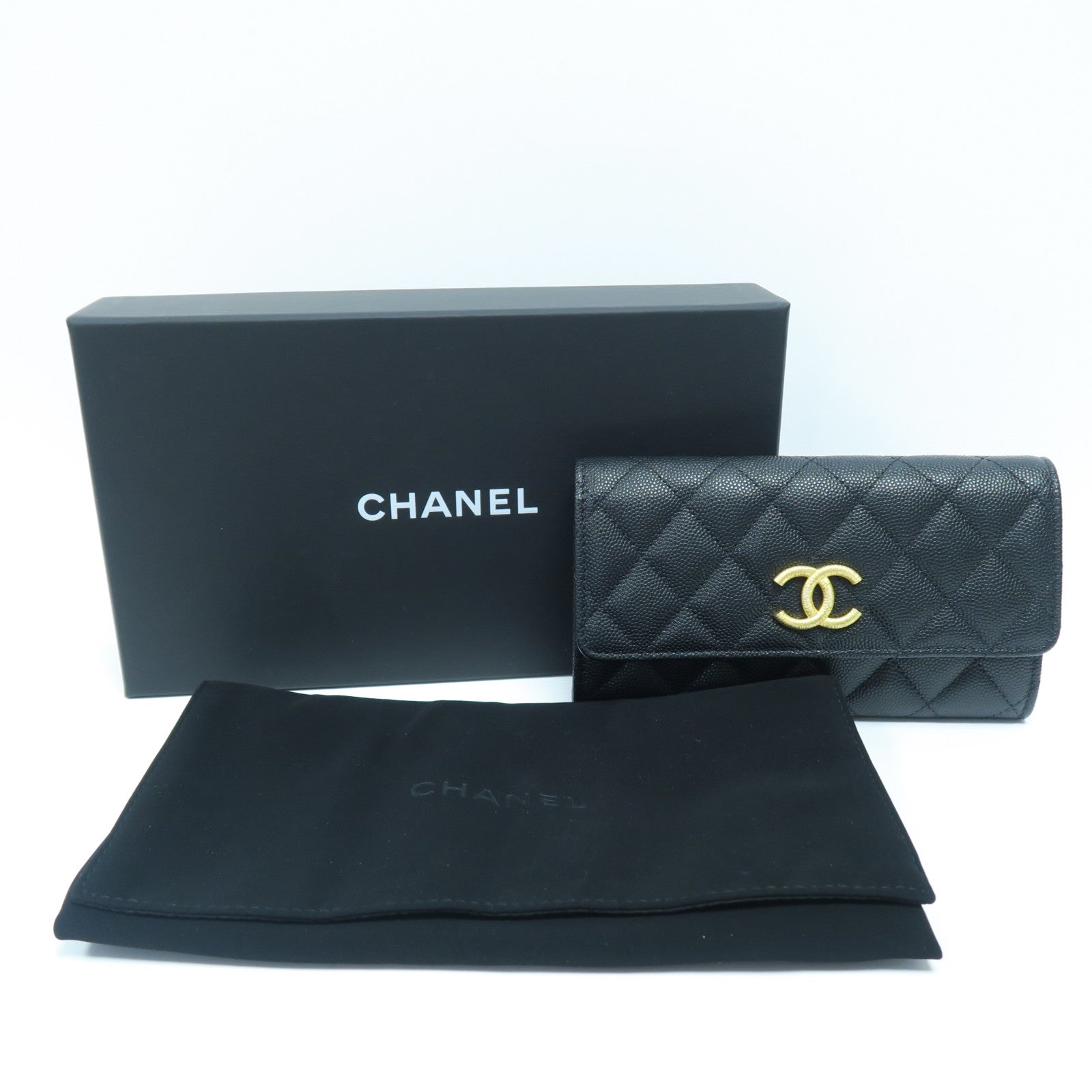 CHANEL 菱格Caviar皮革Long Wallet金扣長錢包黑色