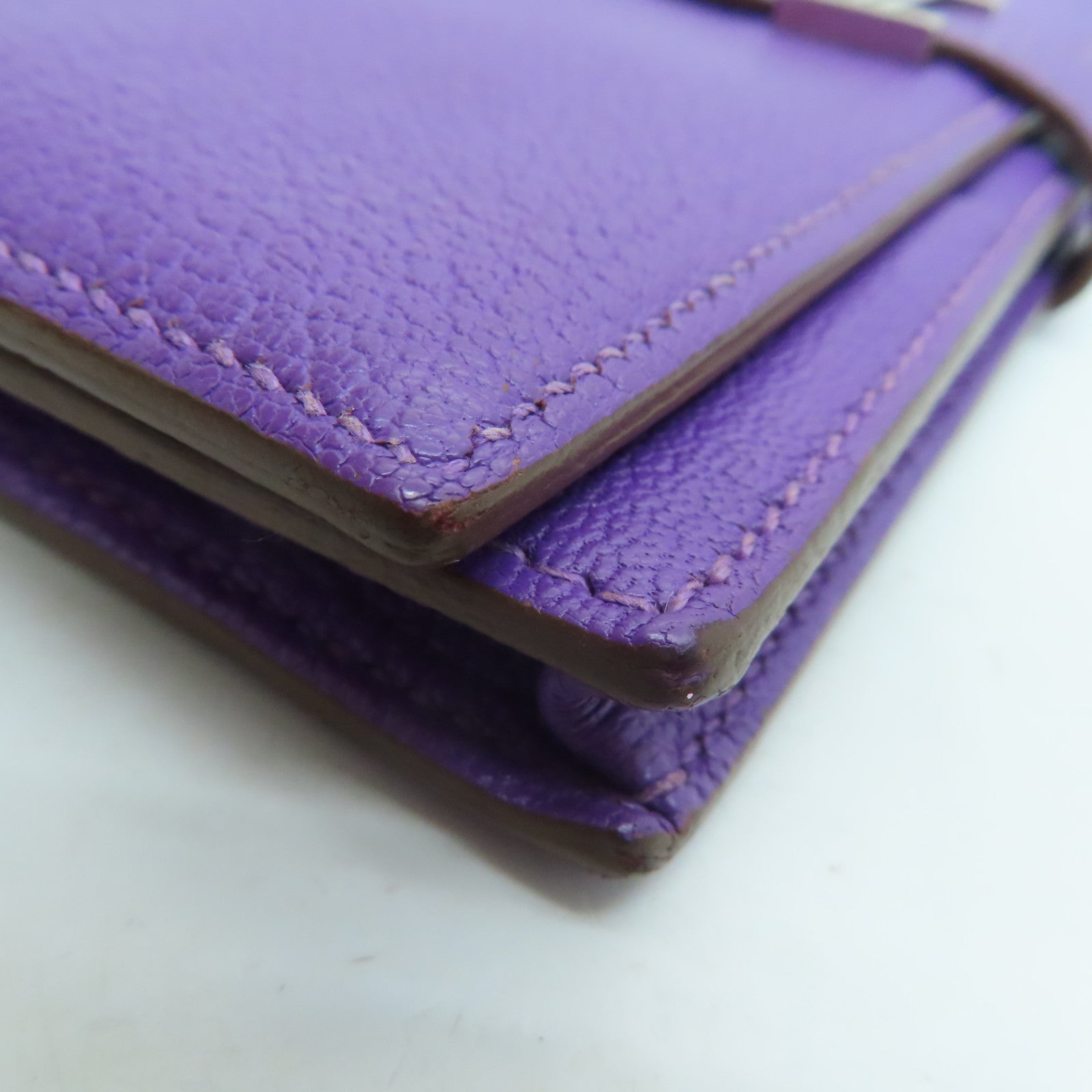 HERMES [Sharp Discount] Chevre Leather Bearn W Snap Silver Buckle Long Wallet Ultraviolet/Purple