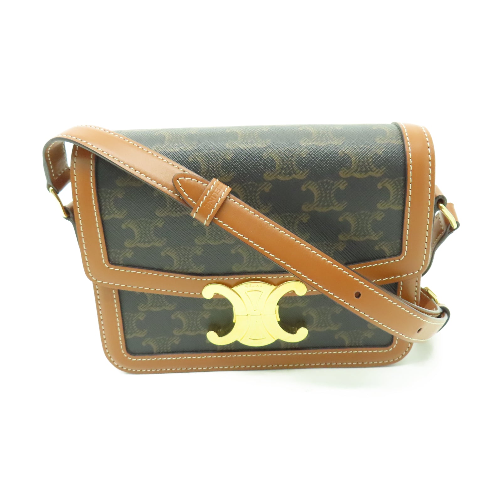 CELINE 牛皮皮革Teen Triomphe Bag金扣肩背袋啡色