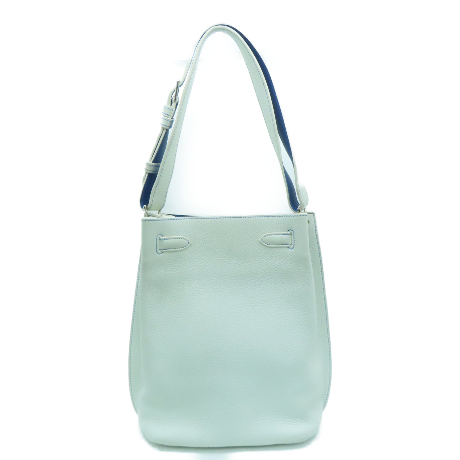HERMES Clemence皮革So Kelly 22银扣肩背袋White/Bleu Mykonos白色/希腊蓝色