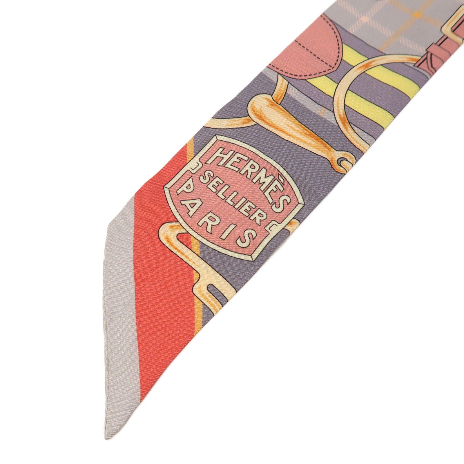 HERMES 絲質Twilly絲巾粉紅色/灰色