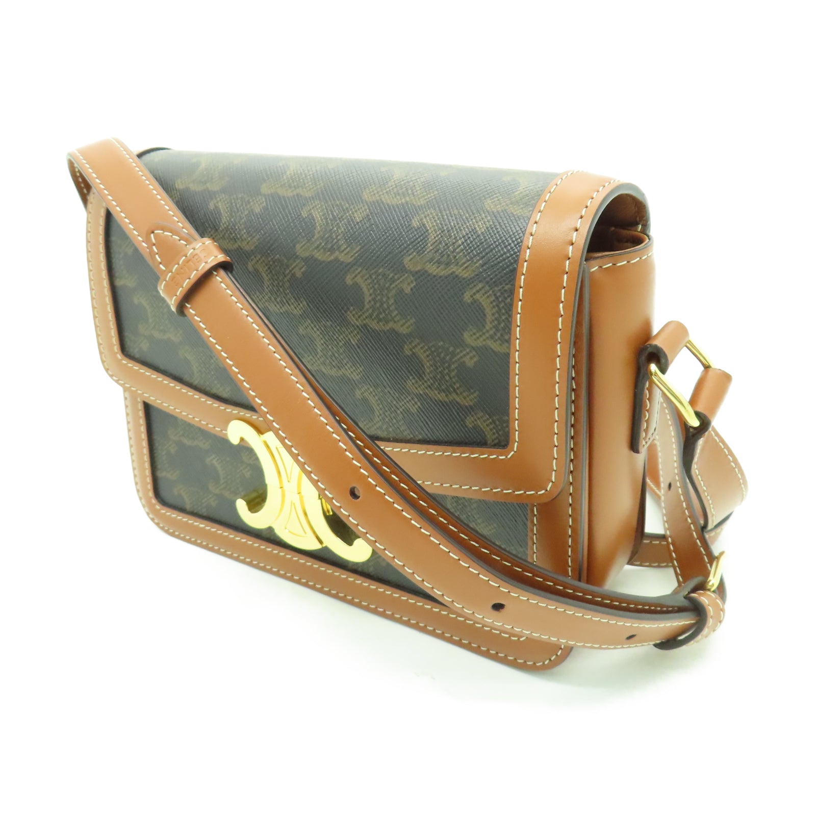 CELINE 牛皮皮革Teen Triomphe Bag金扣肩背袋啡色