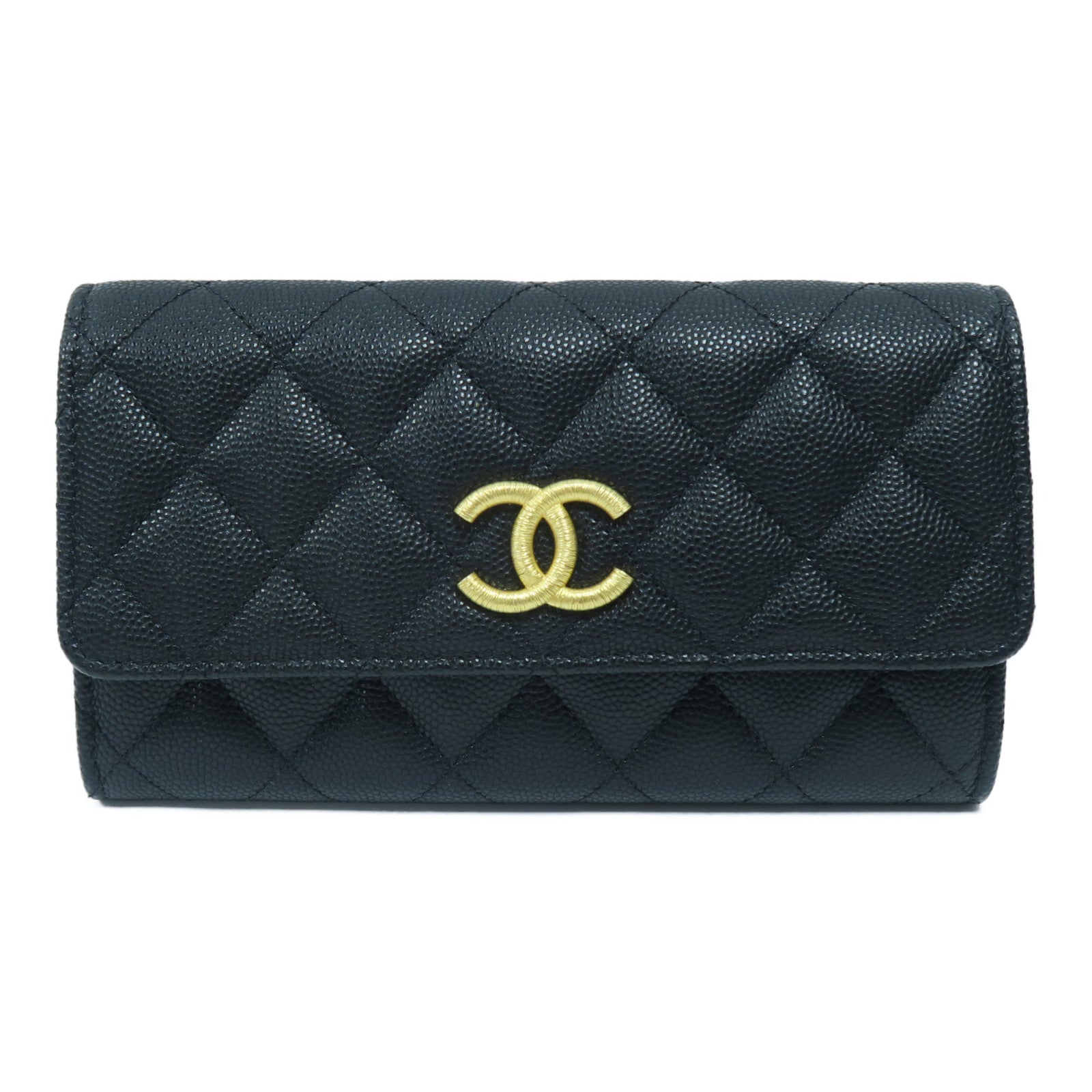 CHANEL 菱格Caviar皮革Long Wallet金扣長錢包黑色
