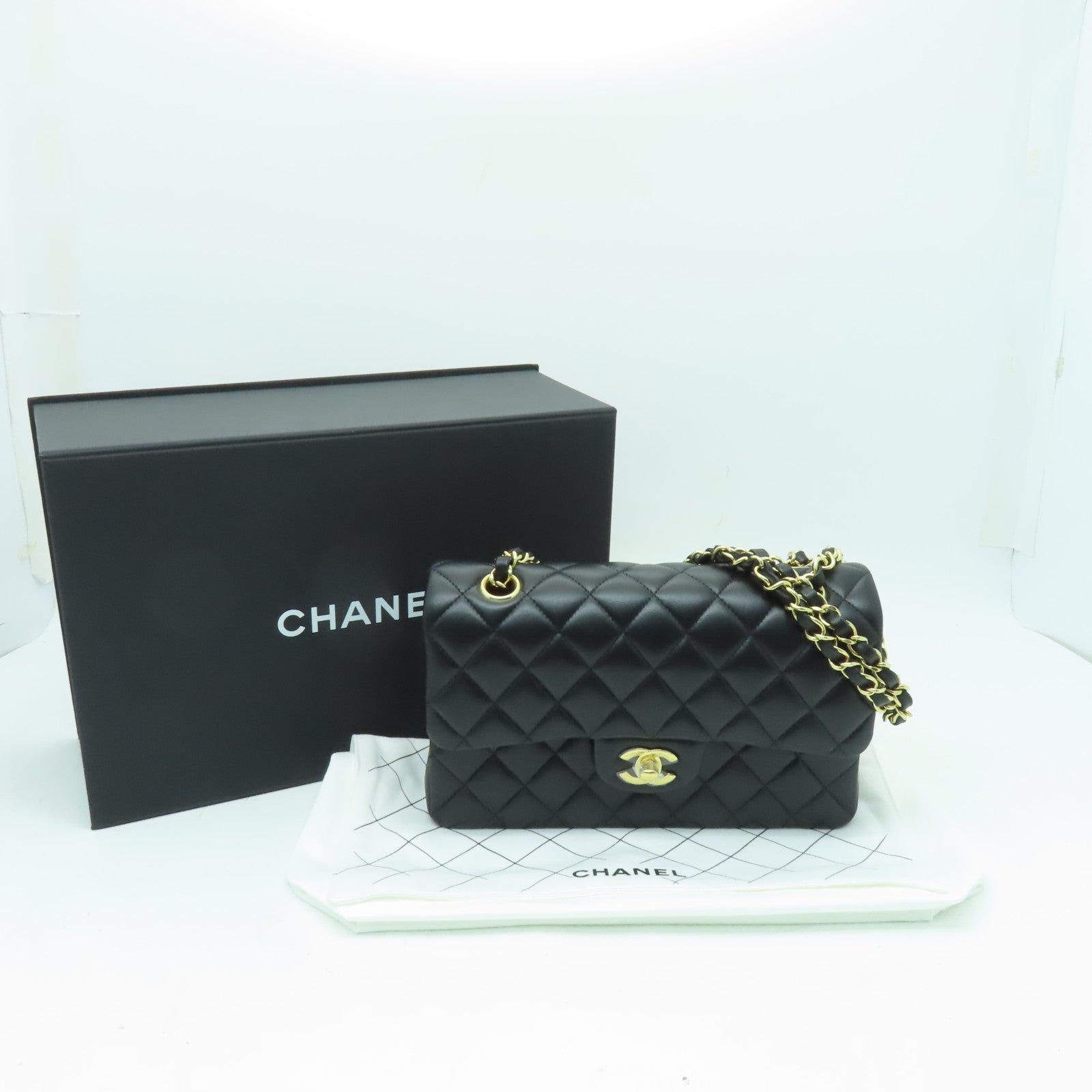 CHANEL 菱格羊皮皮革Classic 23cm金扣鏈帶肩背袋黒色