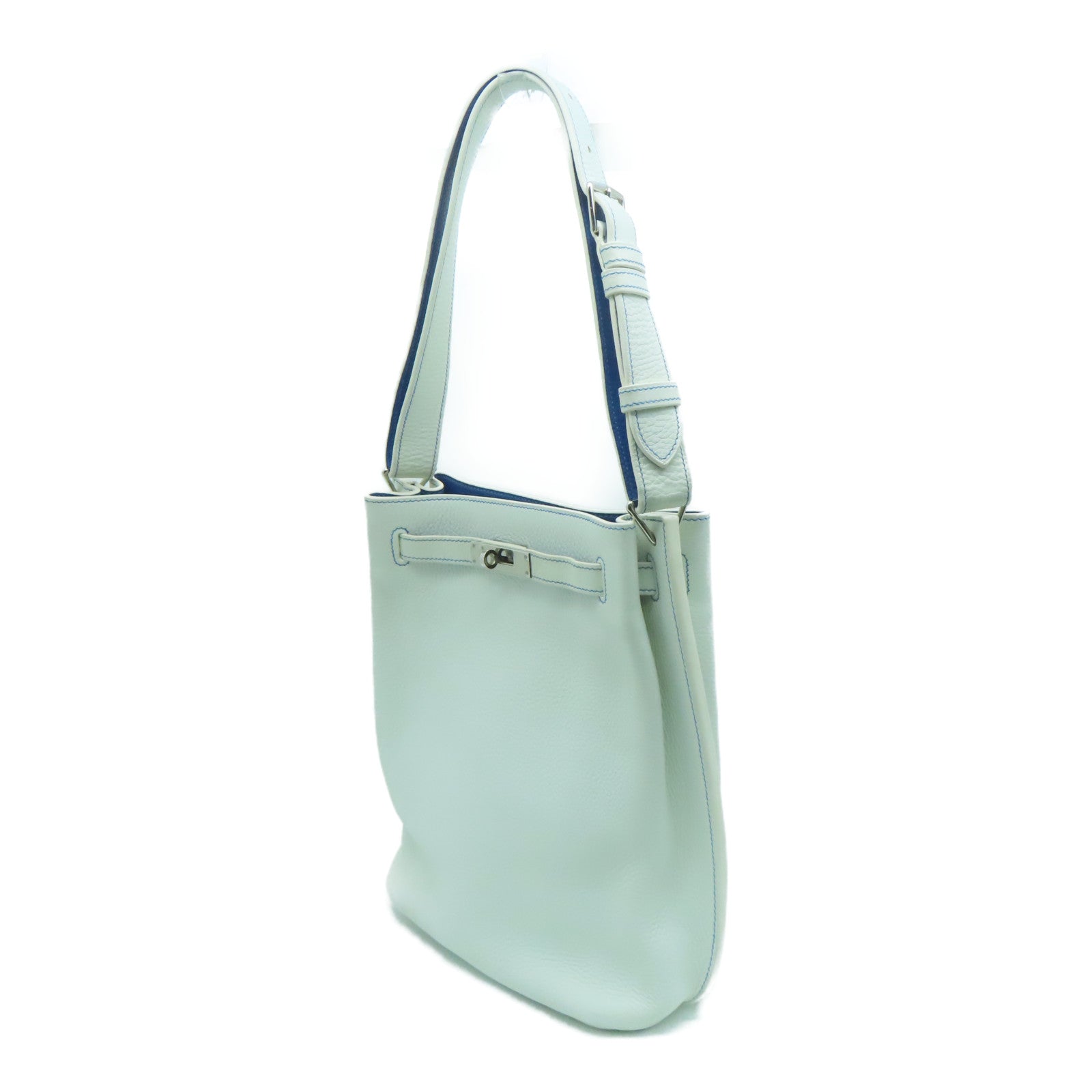 HERMES Clemence皮革So Kelly 22银扣肩背袋White/Bleu Mykonos白色/希腊蓝色