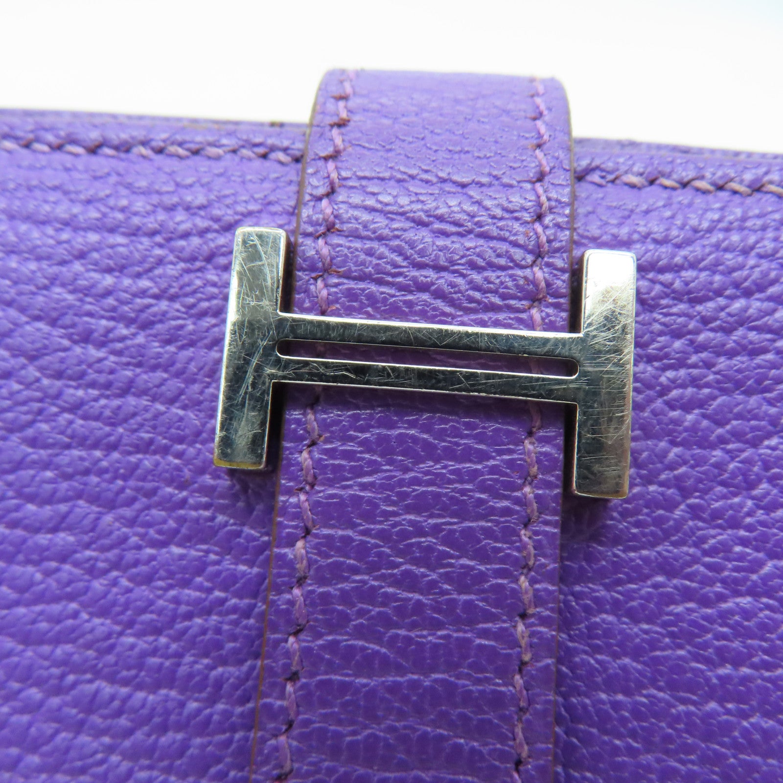 HERMES [Sharp Discount] Chevre Leather Bearn W Snap Silver Buckle Long Wallet Ultraviolet/Purple