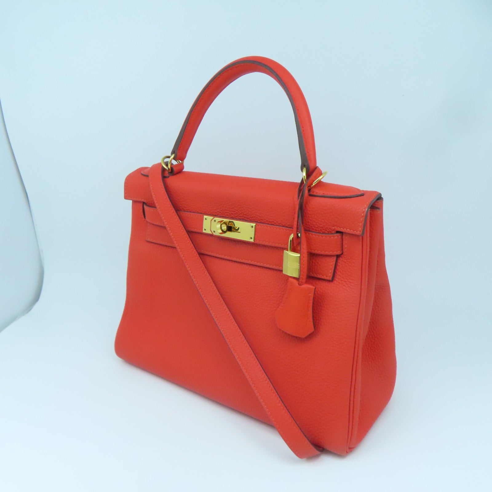 HERMES Togo皮革Kelly 28金扣手挽肩背兩用袋螢光橘