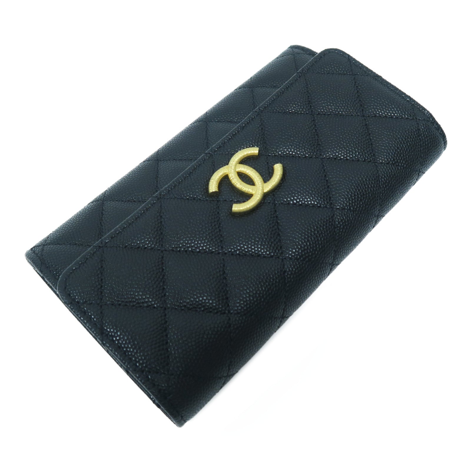 CHANEL 菱格Caviar皮革Long Wallet金扣長錢包黑色