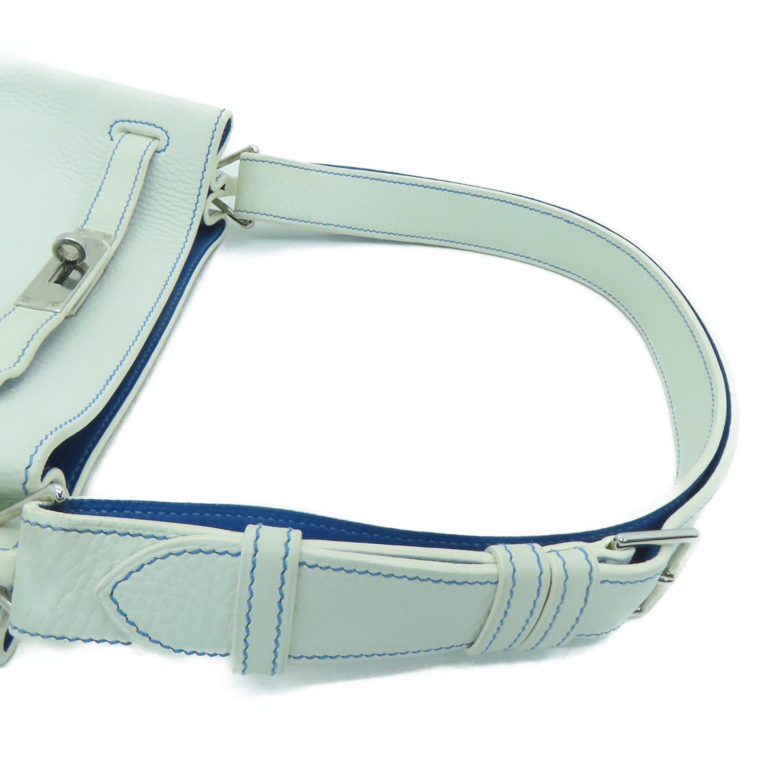 HERMES Clemence皮革So Kelly 22银扣肩背袋White/Bleu Mykonos白色/希腊蓝色
