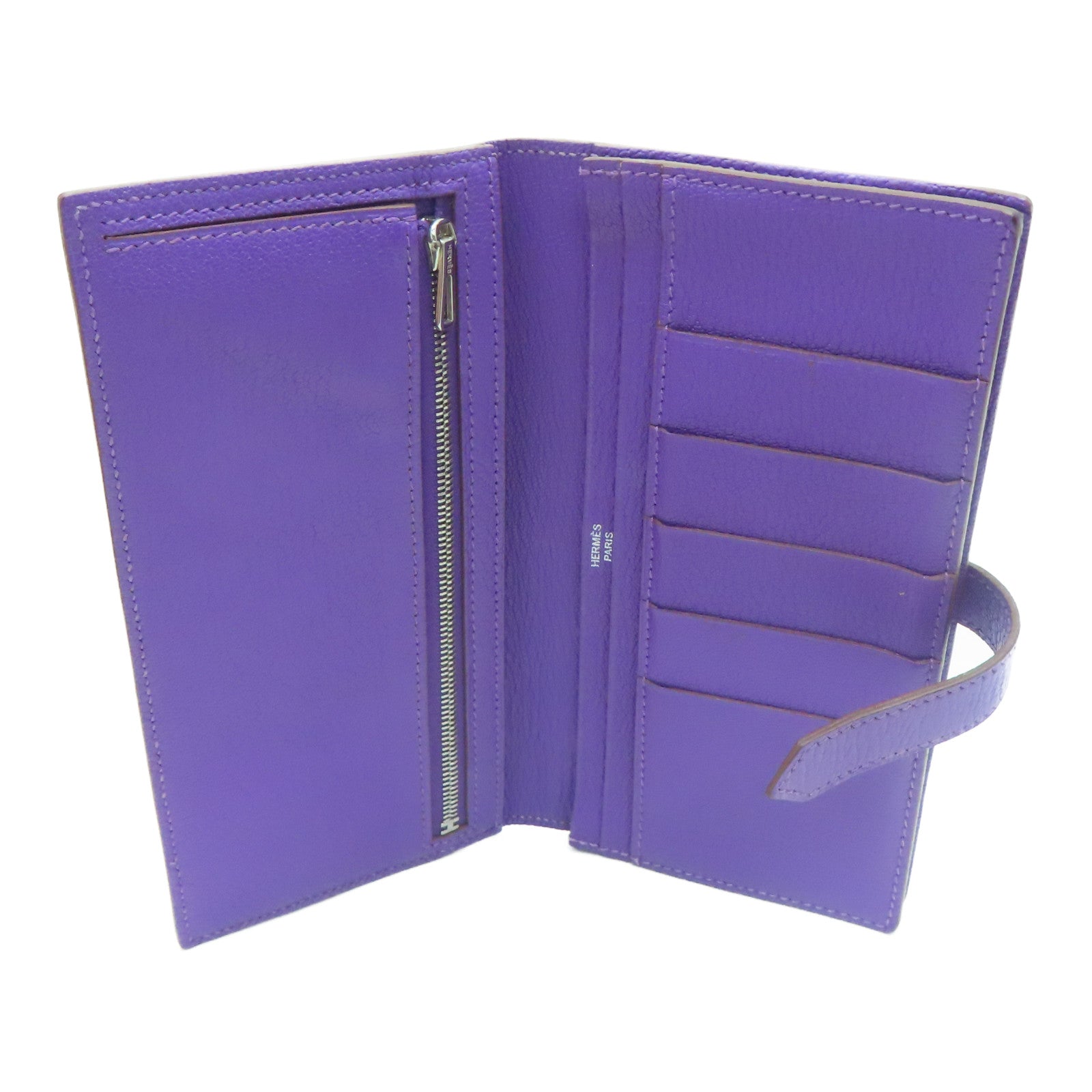 HERMES [Sharp Discount] Chevre Leather Bearn W Snap Silver Buckle Long Wallet Ultraviolet/Purple