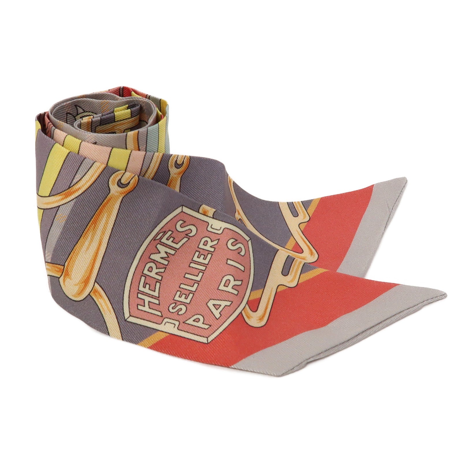 HERMES 絲質Twilly絲巾粉紅色/灰色