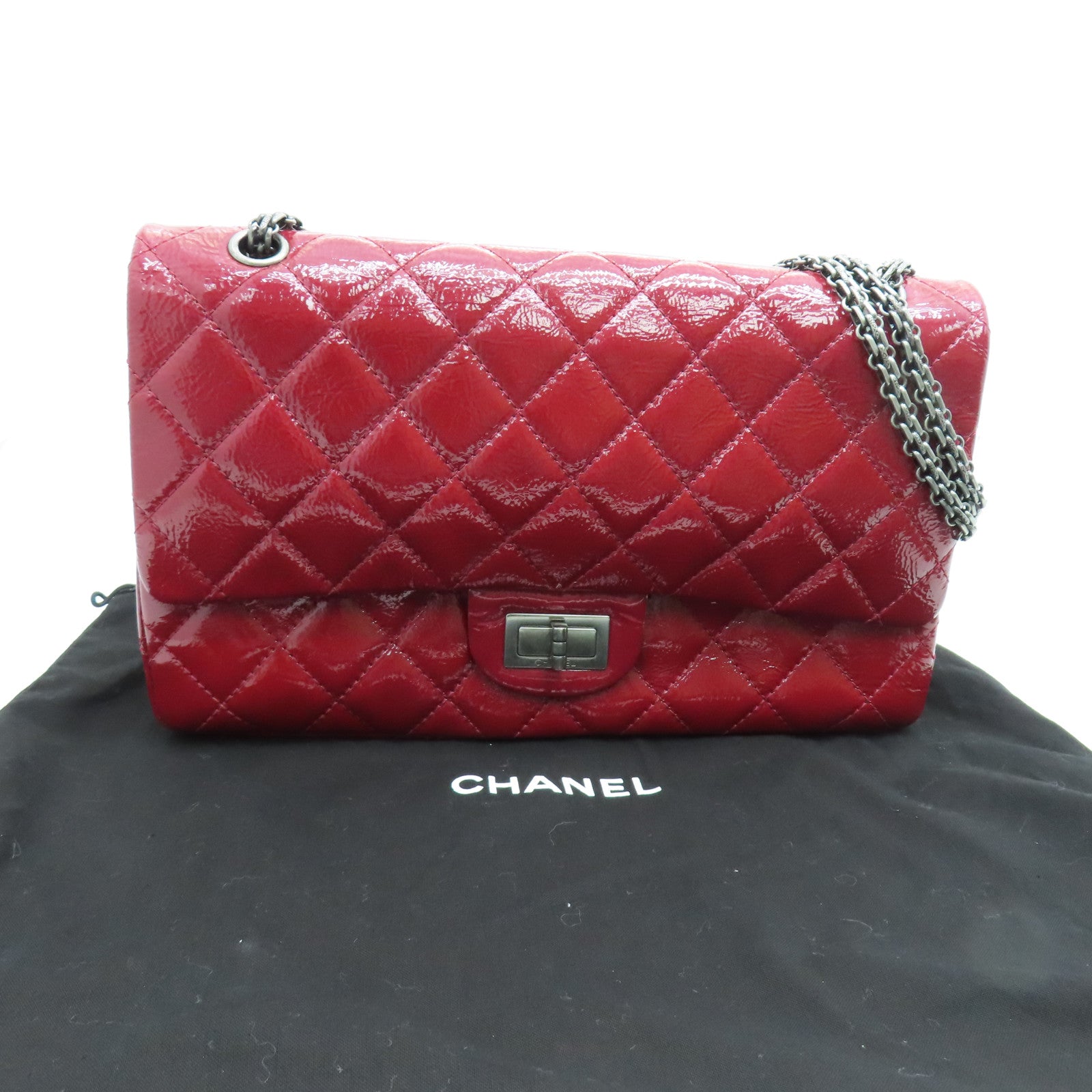 CHANEL 菱格漆皮皮革2.55 Chain Shoulder银扣链带肩背袋红色