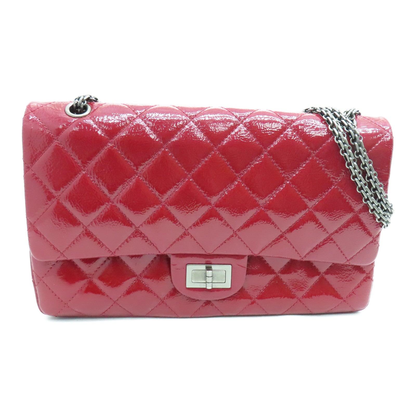 CHANEL 菱格漆皮皮革2.55 Chain Shoulder银扣链带肩背袋红色